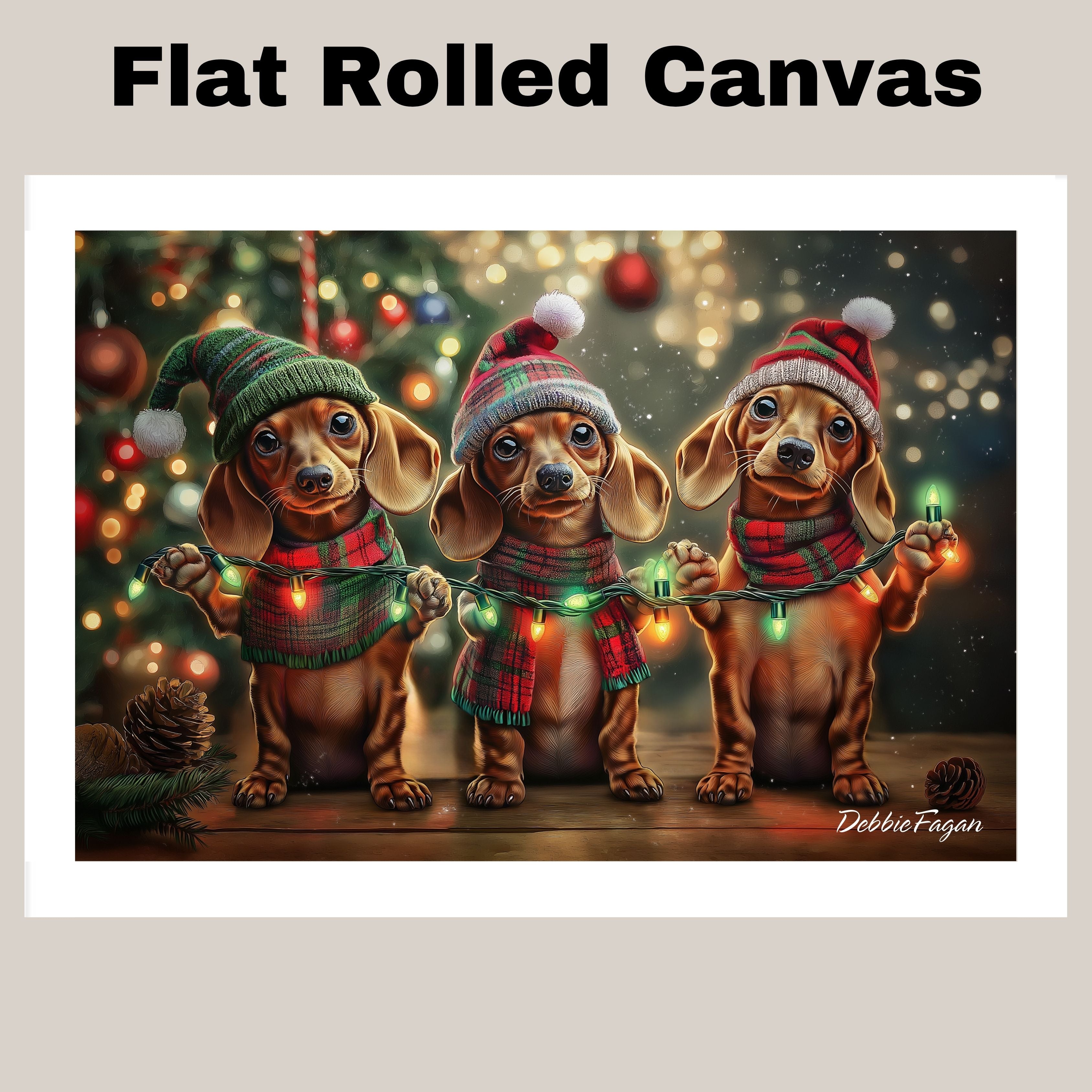 Christmas Canvas - "Holiday Cheer" - Adorable Doxie in Festive Winter Attire Holding Christmas String Lights on Ready to Hang 1.5" Thick Canvas Wrap, Floating Framed Canvas, Flat Rolled Canvas