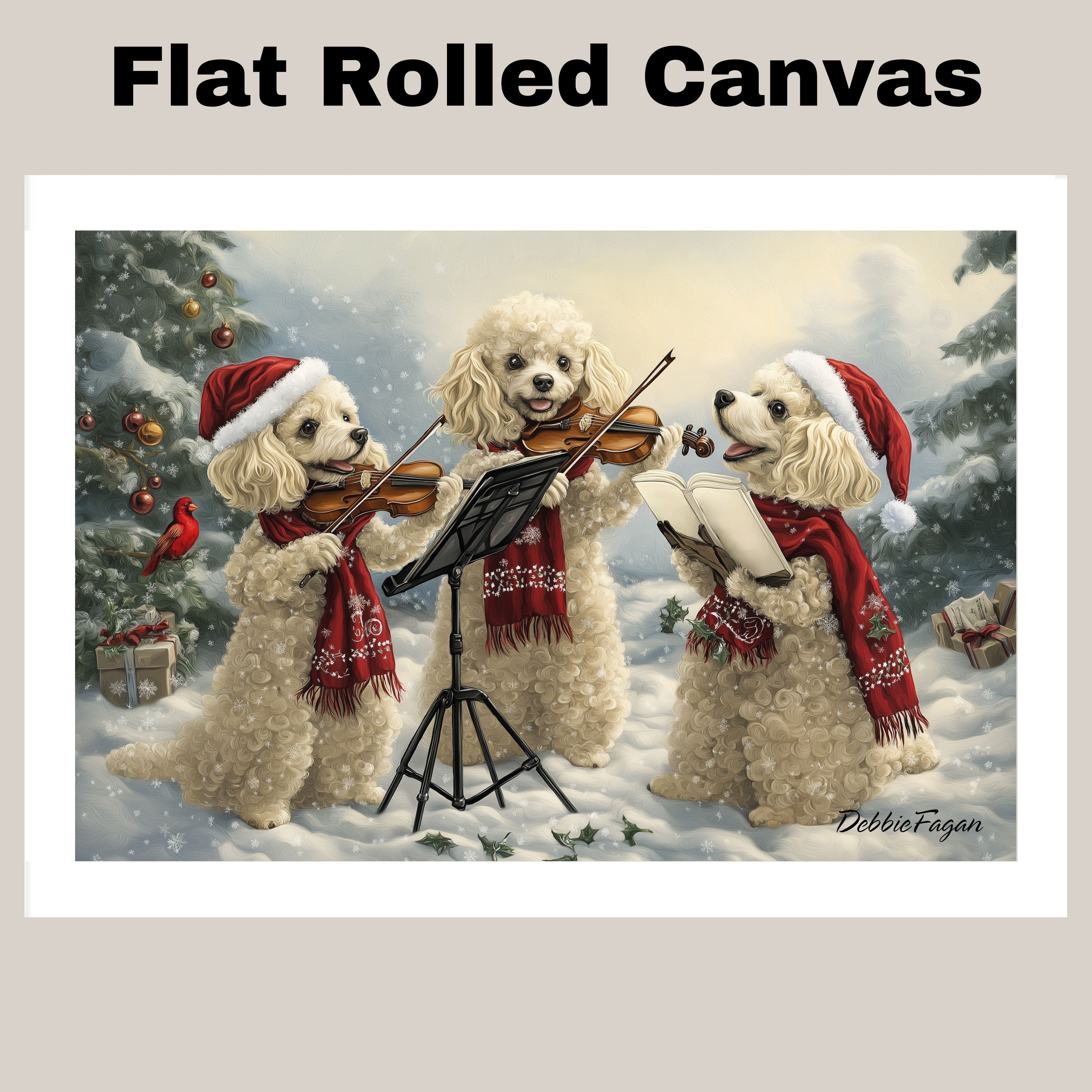 Dog Christmas Canvas  - "Symphony in Snow" - Poodles Playing Violin in a Winter Forest on Ready to Hang 1.5" Thick Canvas Wrap, Floating Framed Canvas, Flat Rolled Canvas