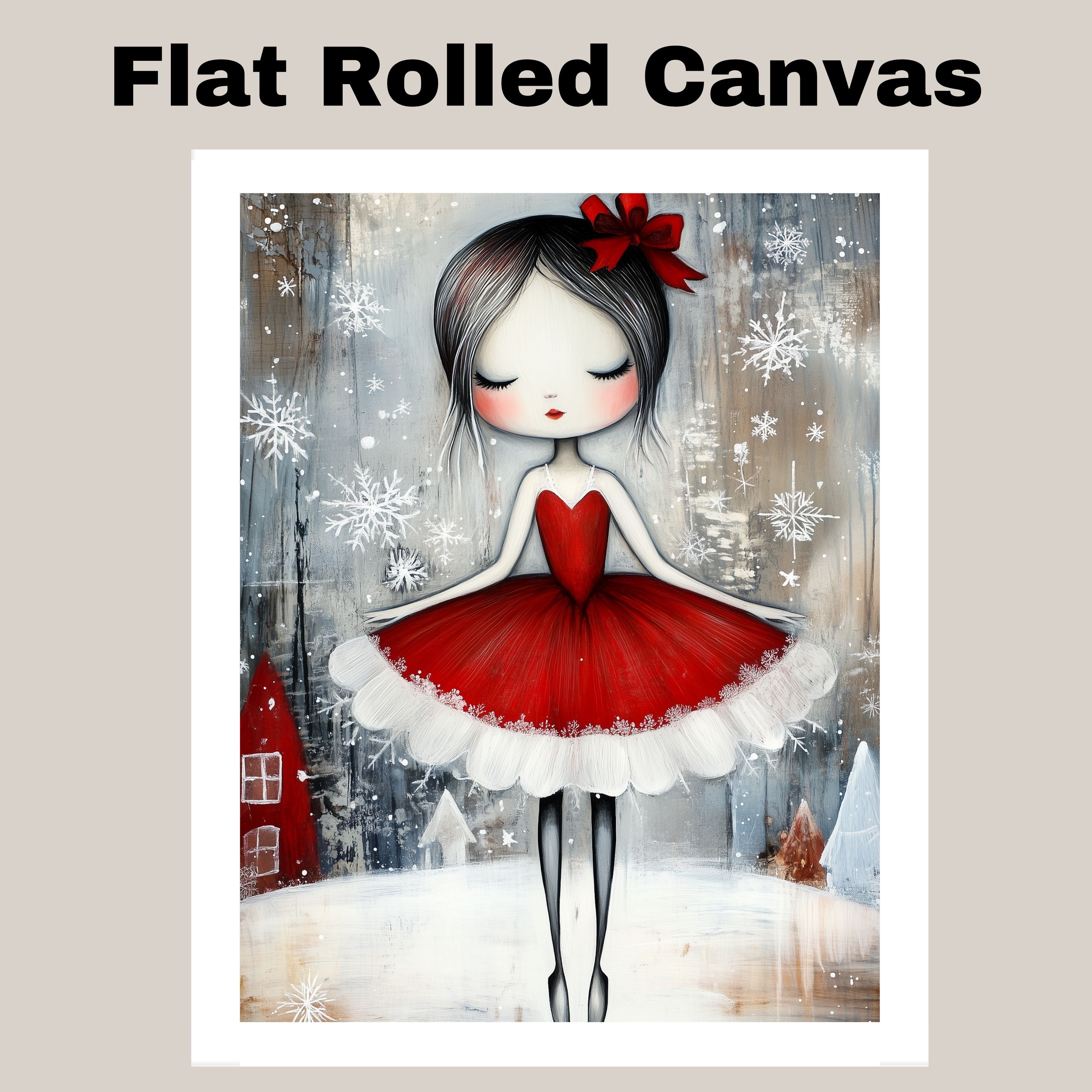 Whimsical Christmas Ballerina in Red Dress Snowy Ballet Dancer Wall Art, Winter Holiday Girl Illustration, Festive Nursery or Ballet Lover Decor Print on Ready to Hang 1.5" Thick Canvas Wrap, Floating Framed Canvas, Flat Rolled Canvas