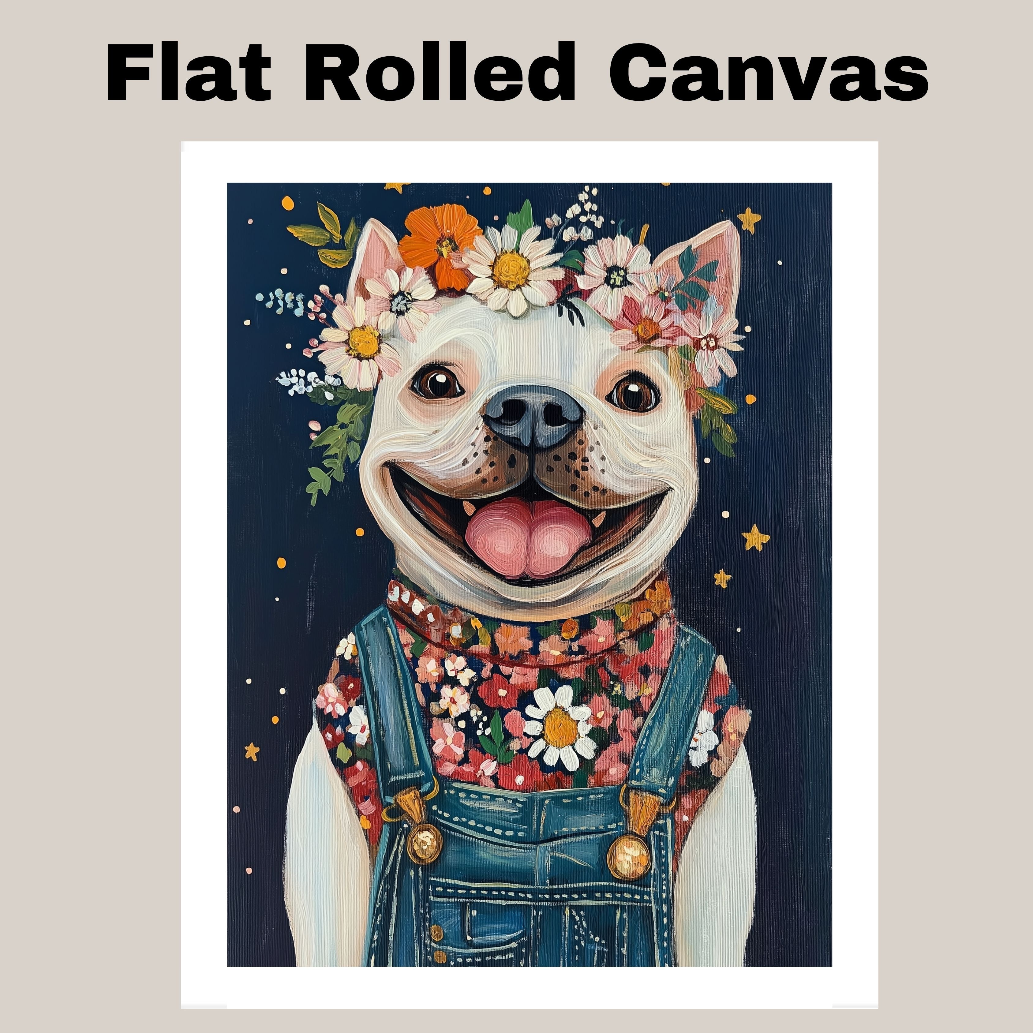 Happy White Dog Wearing Overalls and Floral Shirt Whimsical Farmhouse Art Perfect for Nursery Bedroom Living Room Dog Lover Gift Rustic Home Decor on Ready to Hang 1.5" Thick Canvas Wrap, Floating Framed Canvas, Flat Rolled Canvas