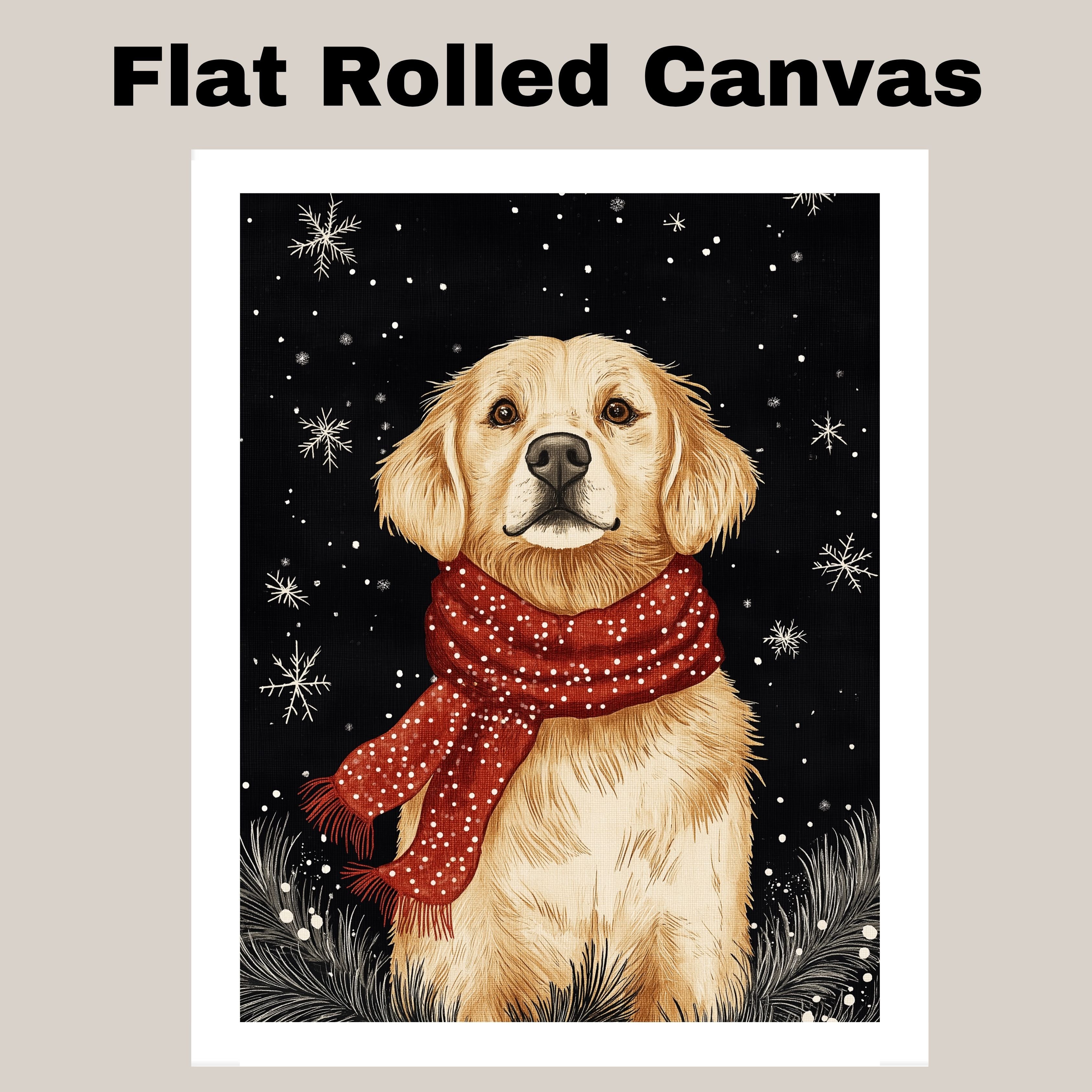 "Golden Winter Joy" - Golden Retriever in Red Scarf Sitting in Snow on Ready to Hang 1.5" Thick Canvas Wrap, Floating Framed Canvas, Flat Rolled Canvas