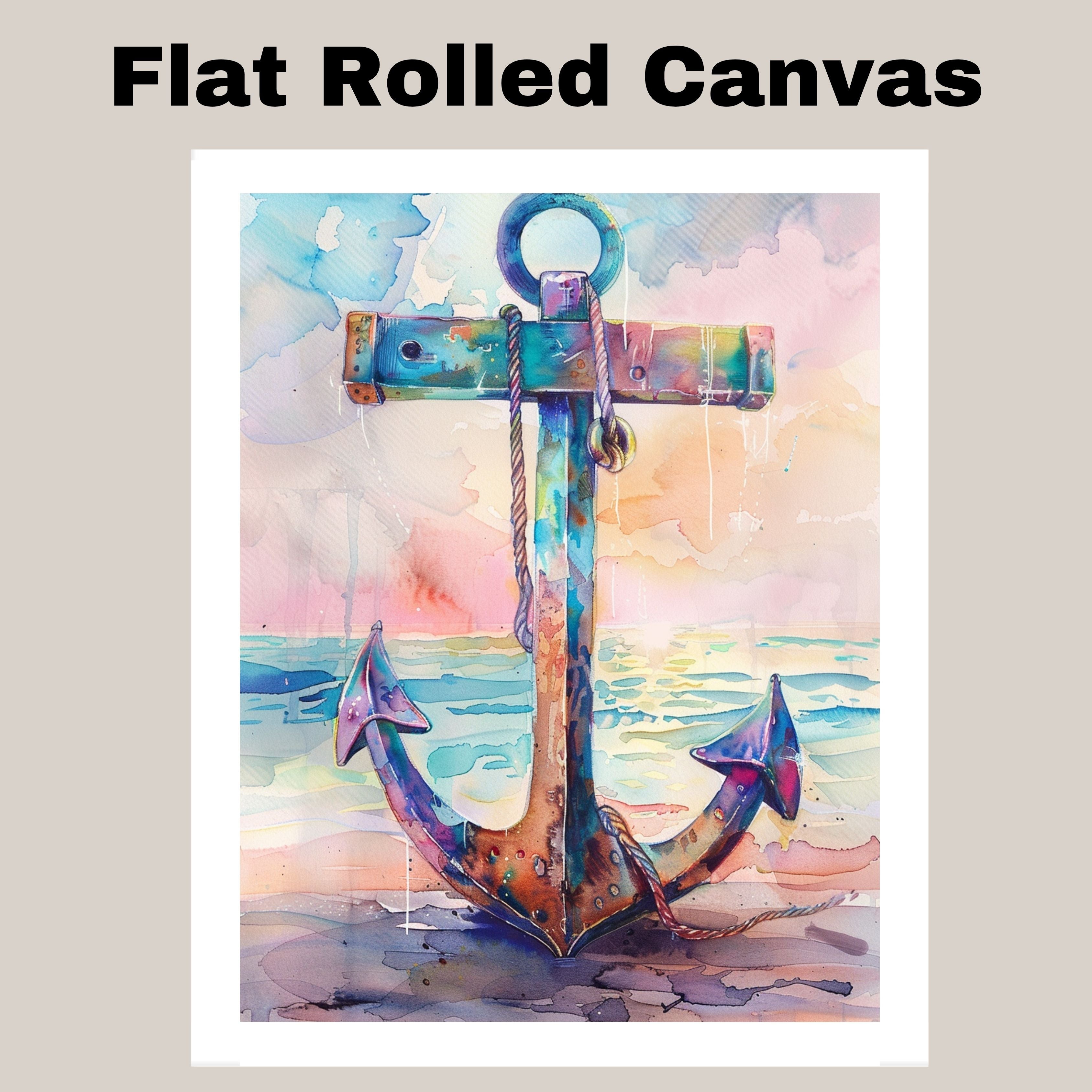 Watercolor Painting of a Multicolored Anchor on the Shore with Ocean Reflections and a Warm Sunset Coastal Sky on Ready to Hang 1.5" Thick Canvas Wrap, Floating Framed Canvas, Flat Rolled Canvas
