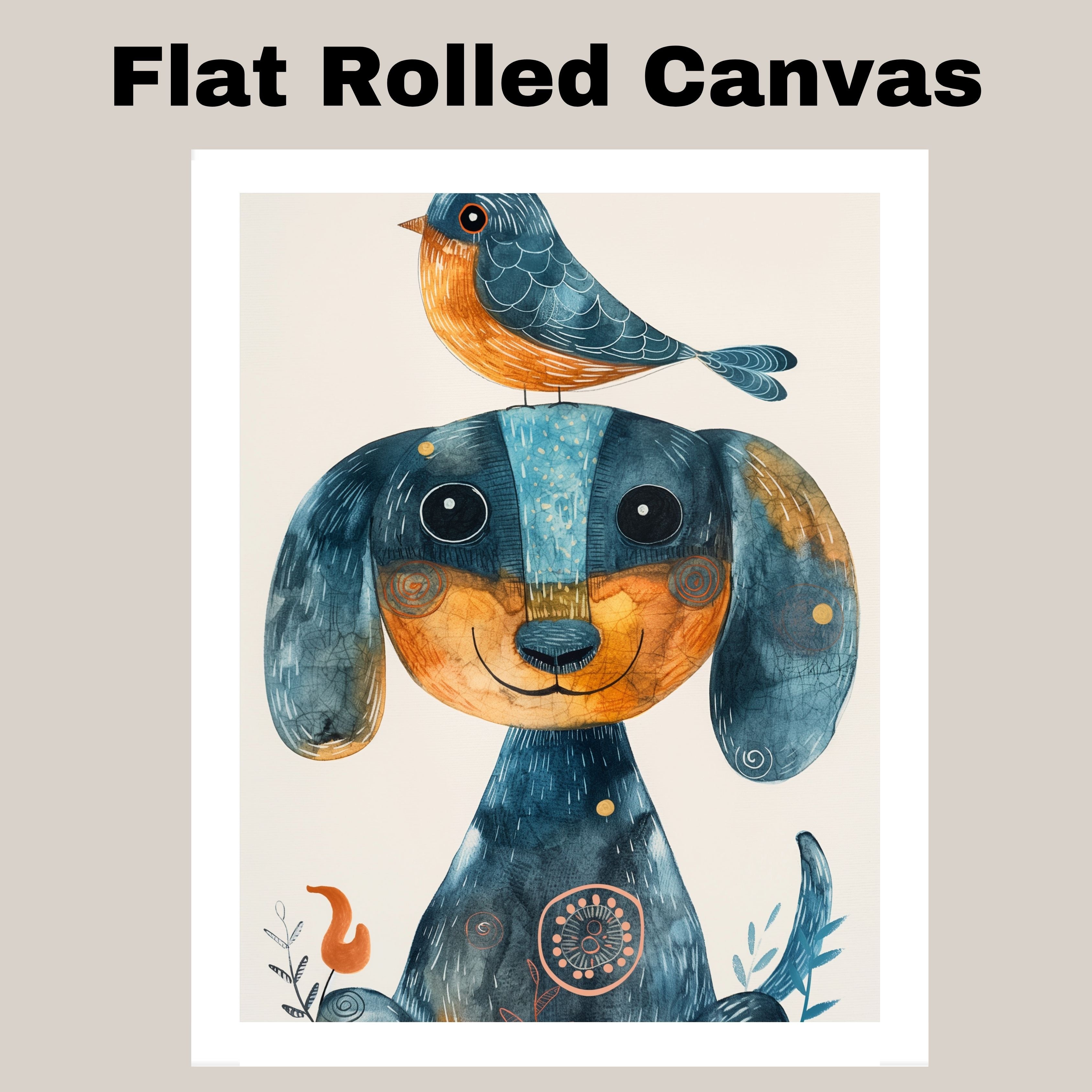 Whimsical Dachshund Dog with Blue Bird on Head Colorful Folk Style Animal Illustration for Kids Room or Nursery Perfect for Dog and Bird Art Lovers