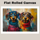 Dachshund Christmas Canvas - "Dapper Doxies" - Cute Colorful Wieners in Cozy Sweaters on Ready to Hang 1.5" Thick Canvas Wrap, Floating Framed Canvas, Flat Rolled Canvas