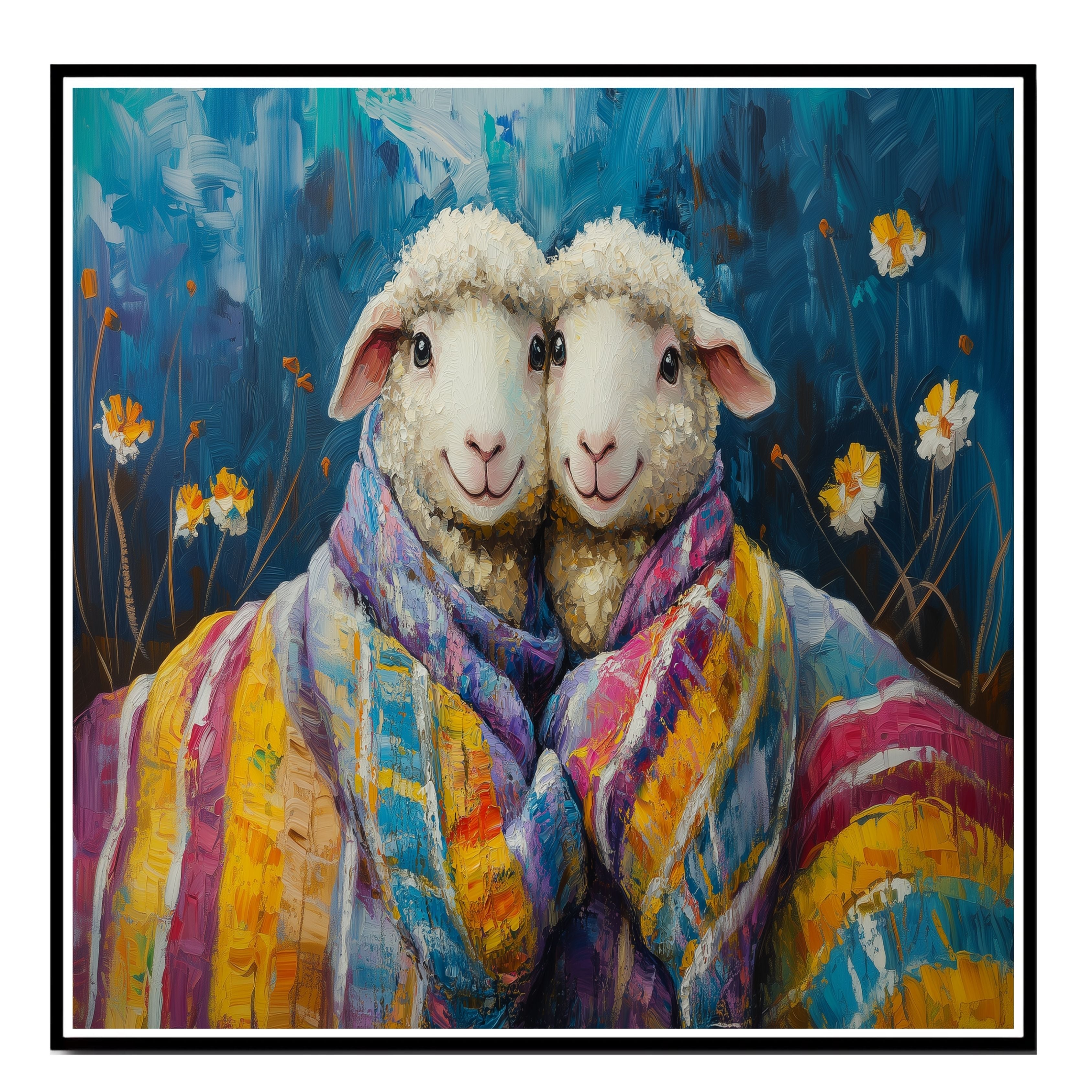 Adorable Painting of Two Sheep Wrapped in Colorful Quilted Blankets with Smiling Faces Surrounded by Flowers and a Deep Blue Whimsical Background on Ready to Hang 1.5" Thick Canvas Wrap, Floating Framed Canvas, Flat Rolled Canvas