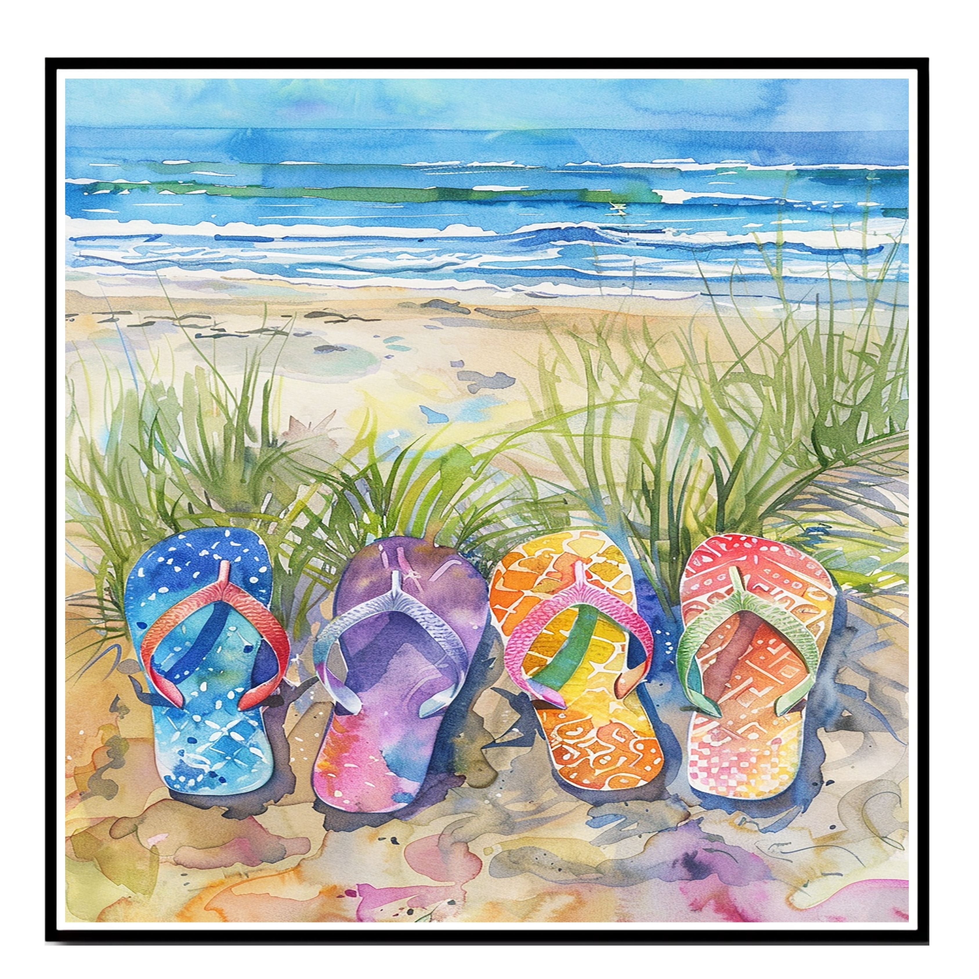 Four Colorful Flip Flops in Beach Grass by Ocean Shore in Vibrant Watercolor Summer Coastal Illustration on Ready to Hang 1.5" Thick Canvas Wrap, Floating Framed Canvas, Flat Rolled Canvas
