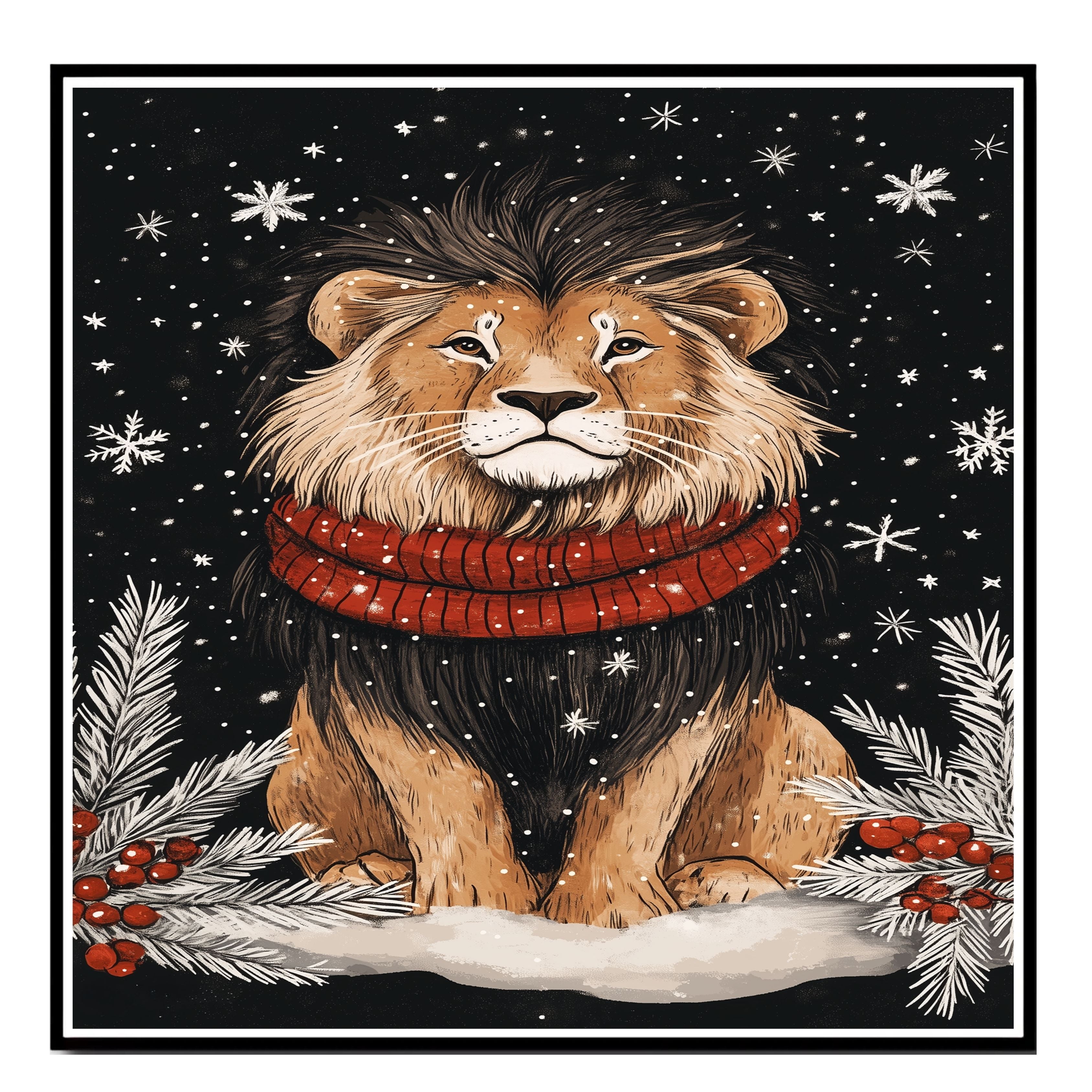 "Winter Majesty Lion" - Lion in Red Scarf Resting in Snowy Landscape on Ready to Hang 1.5" Thick Canvas Wrap, Floating Framed Canvas, Flat Rolled Canvas