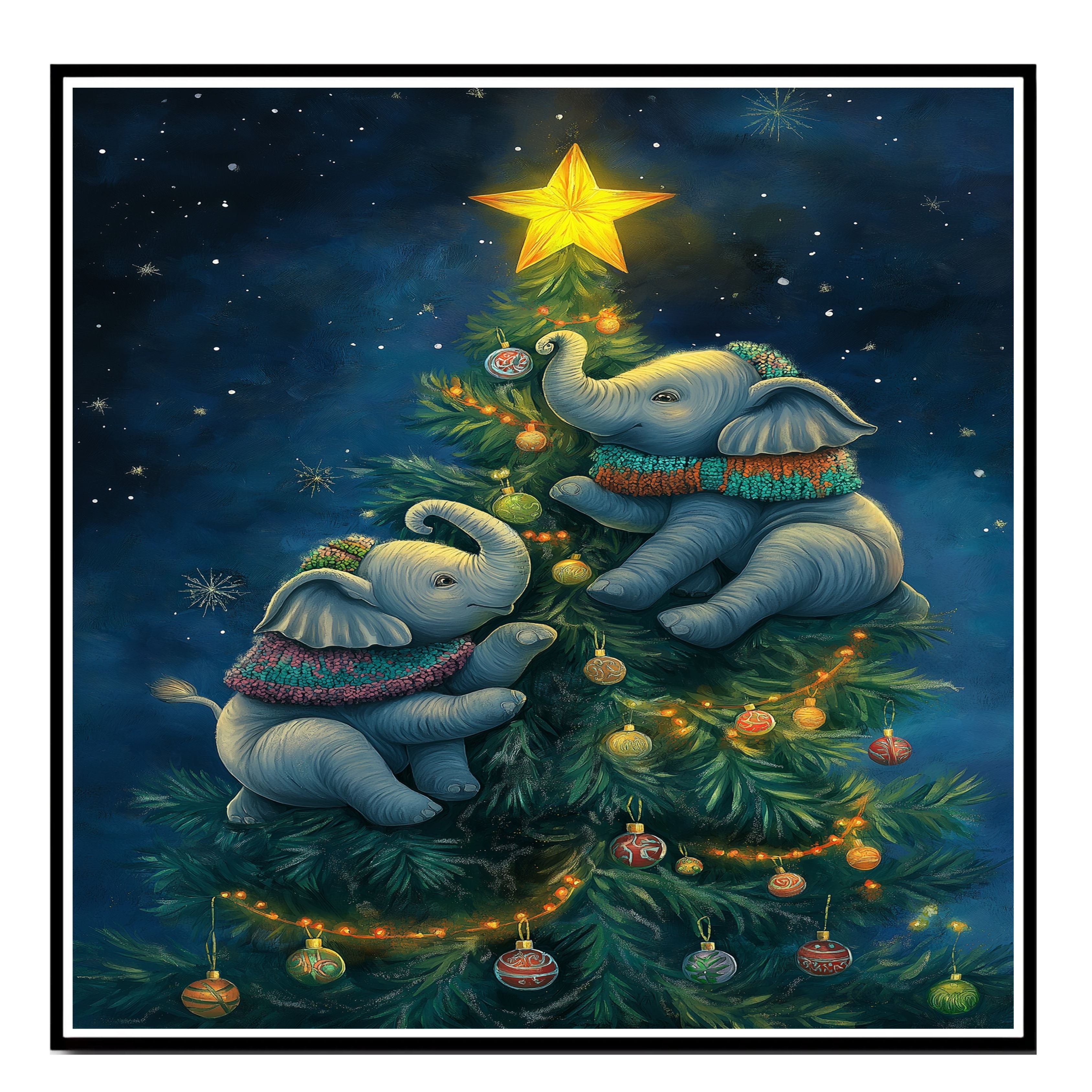 Christmas Baby Elephants Climbing Tree with Ornaments and Star in Cozy Sweaters Under a Starry Sky Holiday Art Print for Kids Room or Seasonal Decor on Ready to Hang 1.5" Thick Canvas Wrap, Floating Framed Canvas, Flat Rolled Canvas