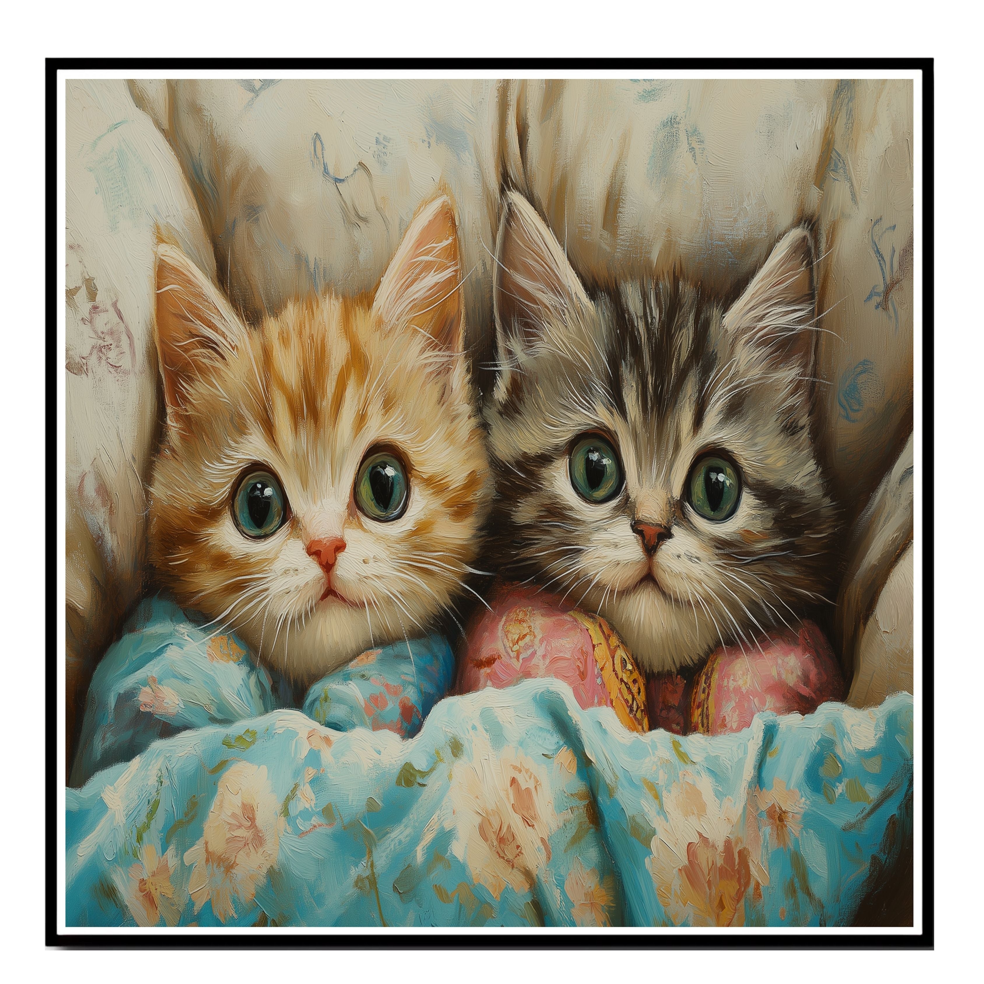 Painting of Two Cute Kittens Snuggled in Colorful Floral Blankets with Big Eyes and Soft Fur in a Cozy Bed Surrounded by Pillows in a Warm Whimsical Setting on Ready to Hang 1.5" Thick Canvas Wrap, Floating Framed Canvas, Flat Rolled Canvas
