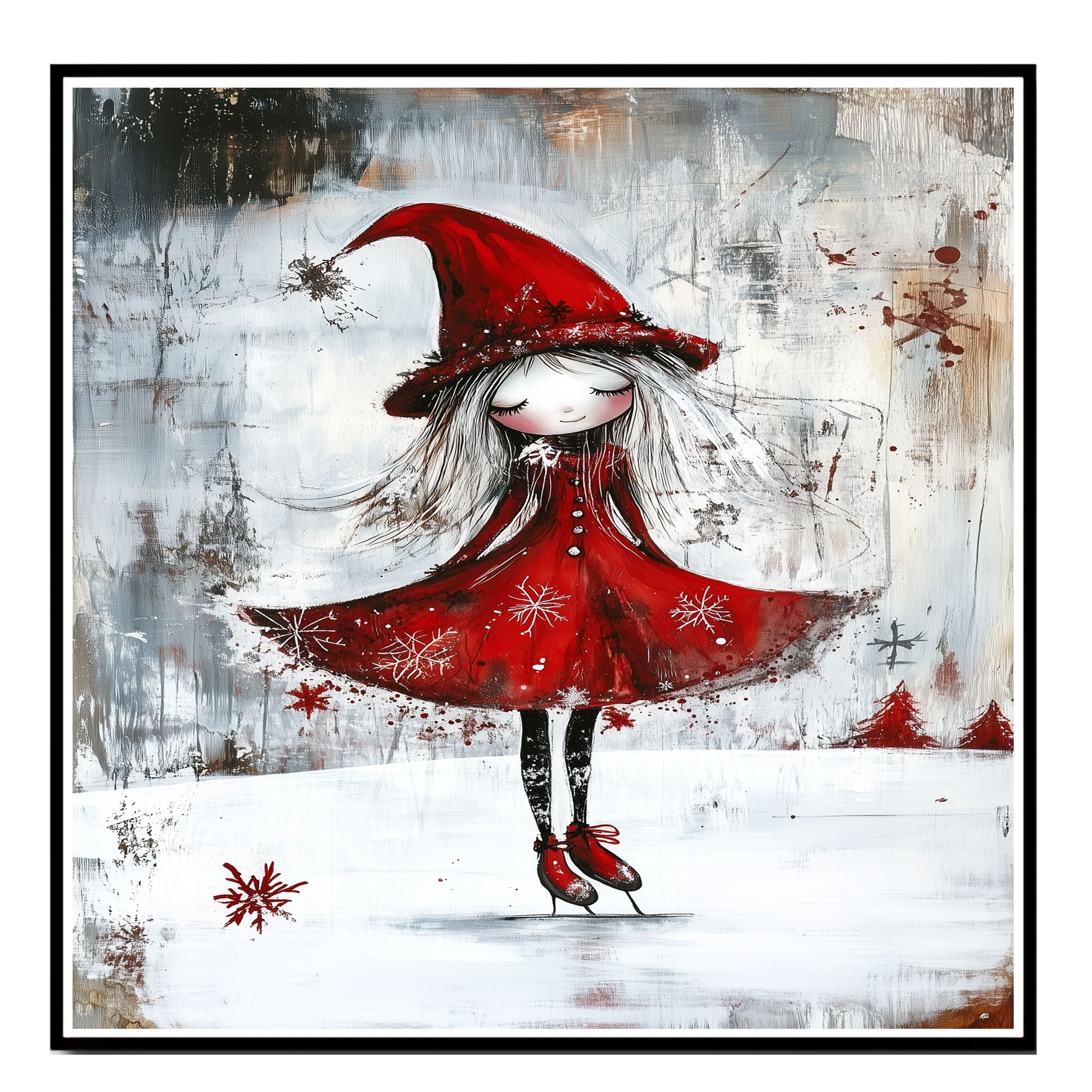 Whimsical Christmas Witch Ice Skating Print – Gothic Red Dress Winter Fairy Art, Magical Holiday Wall Decor, Snowy Enchanted Scene for Nursery or Gift on Ready to Hang 1.5" Thick Canvas Wrap, Floating Framed Canvas, Flat Rolled Canvas