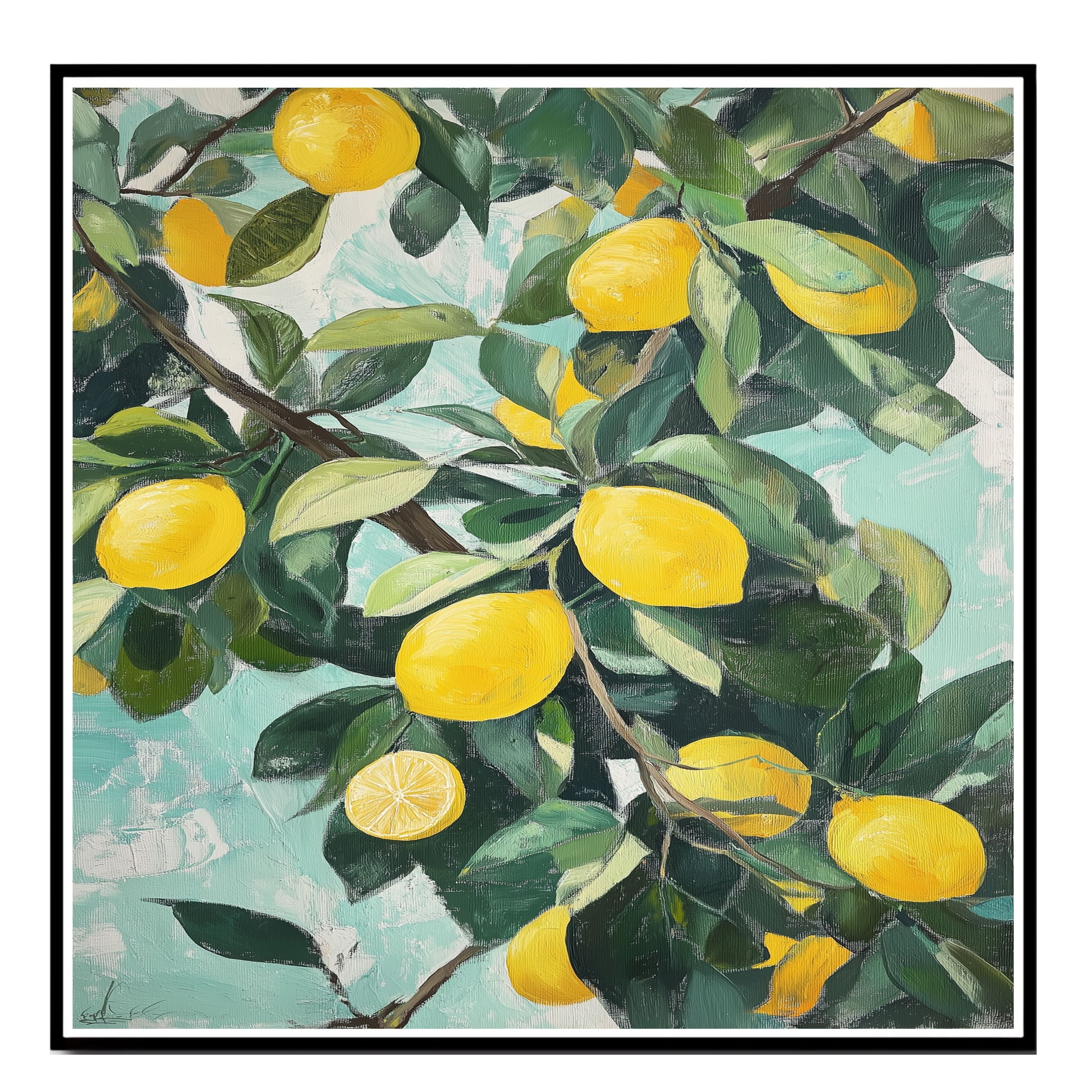 Vintage Lemon Tree Branch with Ripe Yellow Lemons and Green Leaves Artistic Botanical Illustration for Kitchen or Dining Room Rustic Farmhouse Fruit Art
