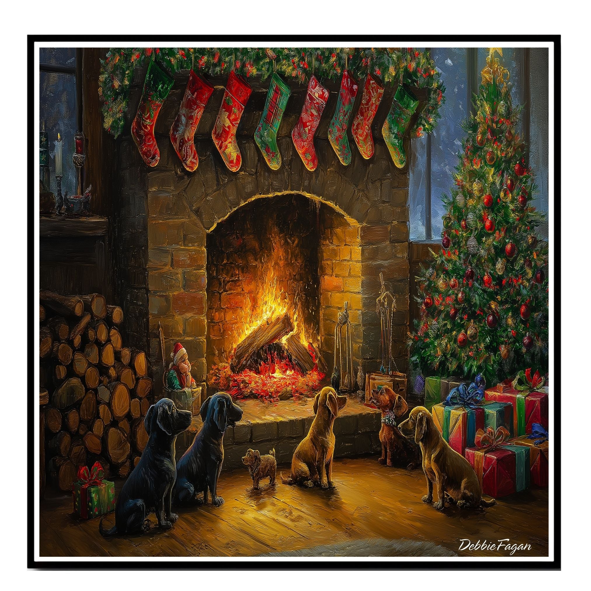 Dachshund Christmas Canvas - "Festive Fireside Friends" - Cozy Wiener Dogs by the Christmas Fireplace on Ready to Hang 1.5" Thick Canvas Wrap, Floating Framed Canvas, Flat Rolled Canvas