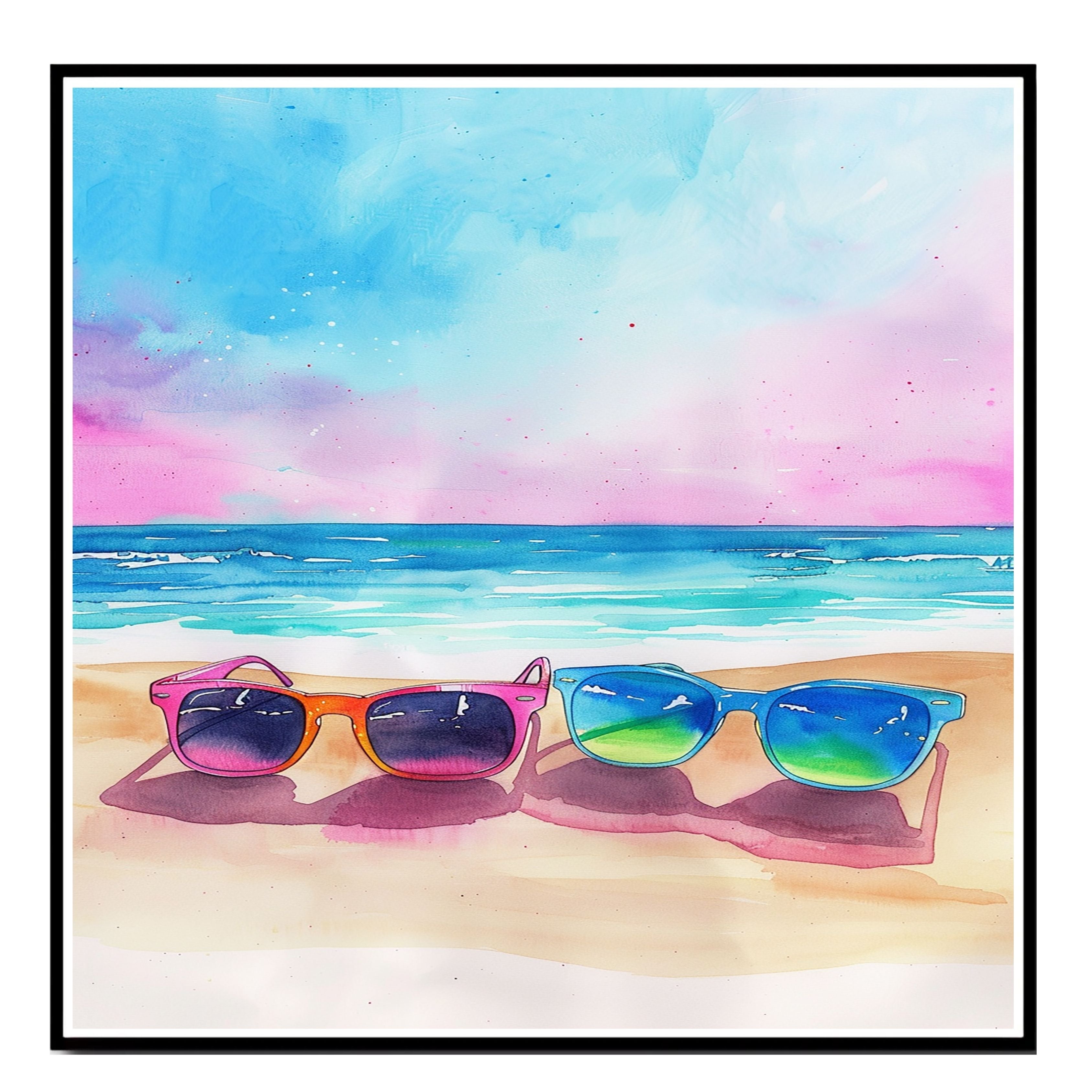 Colorful Sunglasses on Sandy Beach with Vibrant Ocean Waves and Pink Blue Sky in Watercolor Summer Coastal Illustration on Ready to Hang 1.5" Thick Canvas Wrap, Floating Framed Canvas, Flat Rolled Canvas