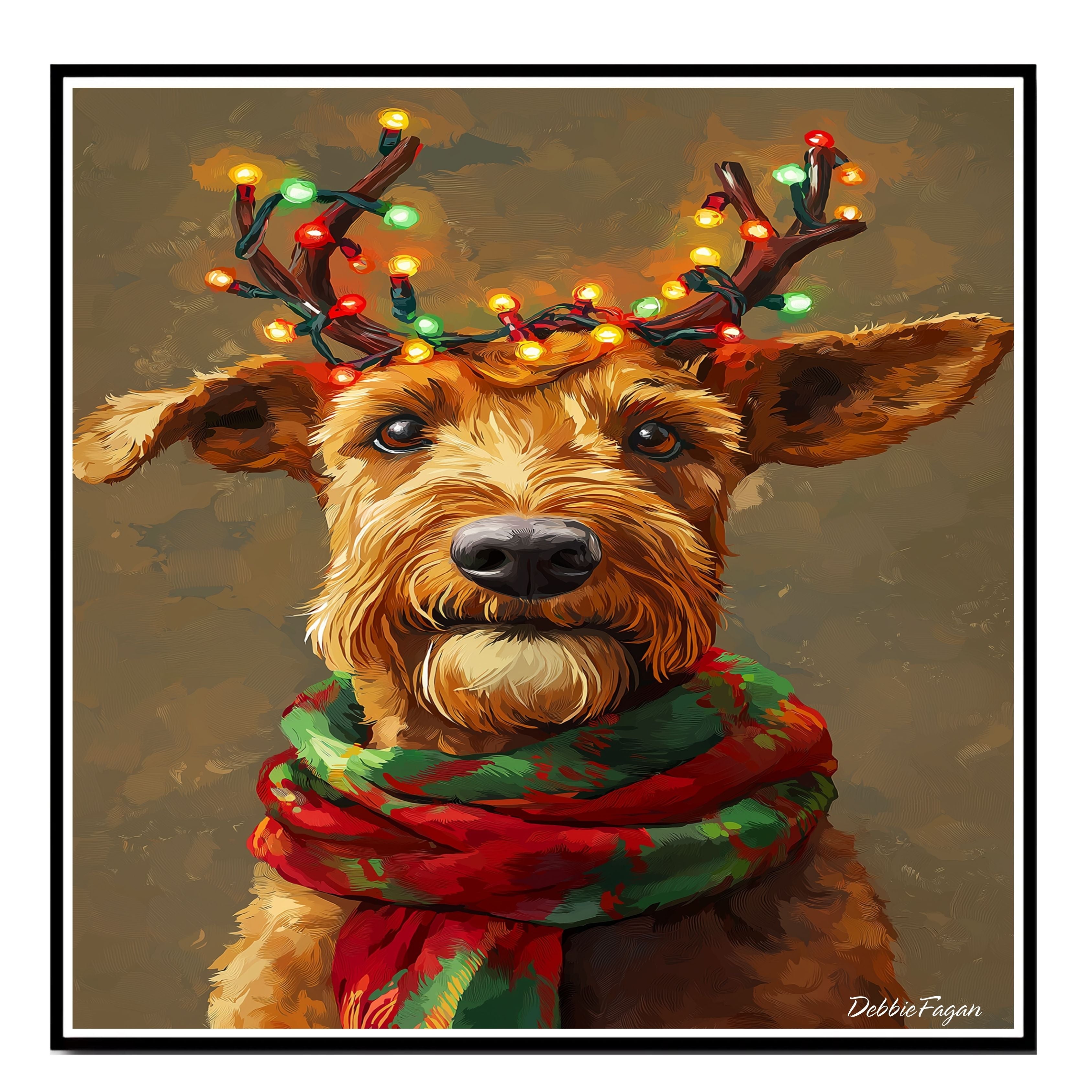 Airedale Christmas Glow - 'Yuletide Antlers' - Airedale Dog with Lighted Antlers and Festive Scarf on Rustic Canvas, Ready to Hang 1.5" Thick Canvas Wrap, Floating Framed Canvas, Flat Rolled Canvas