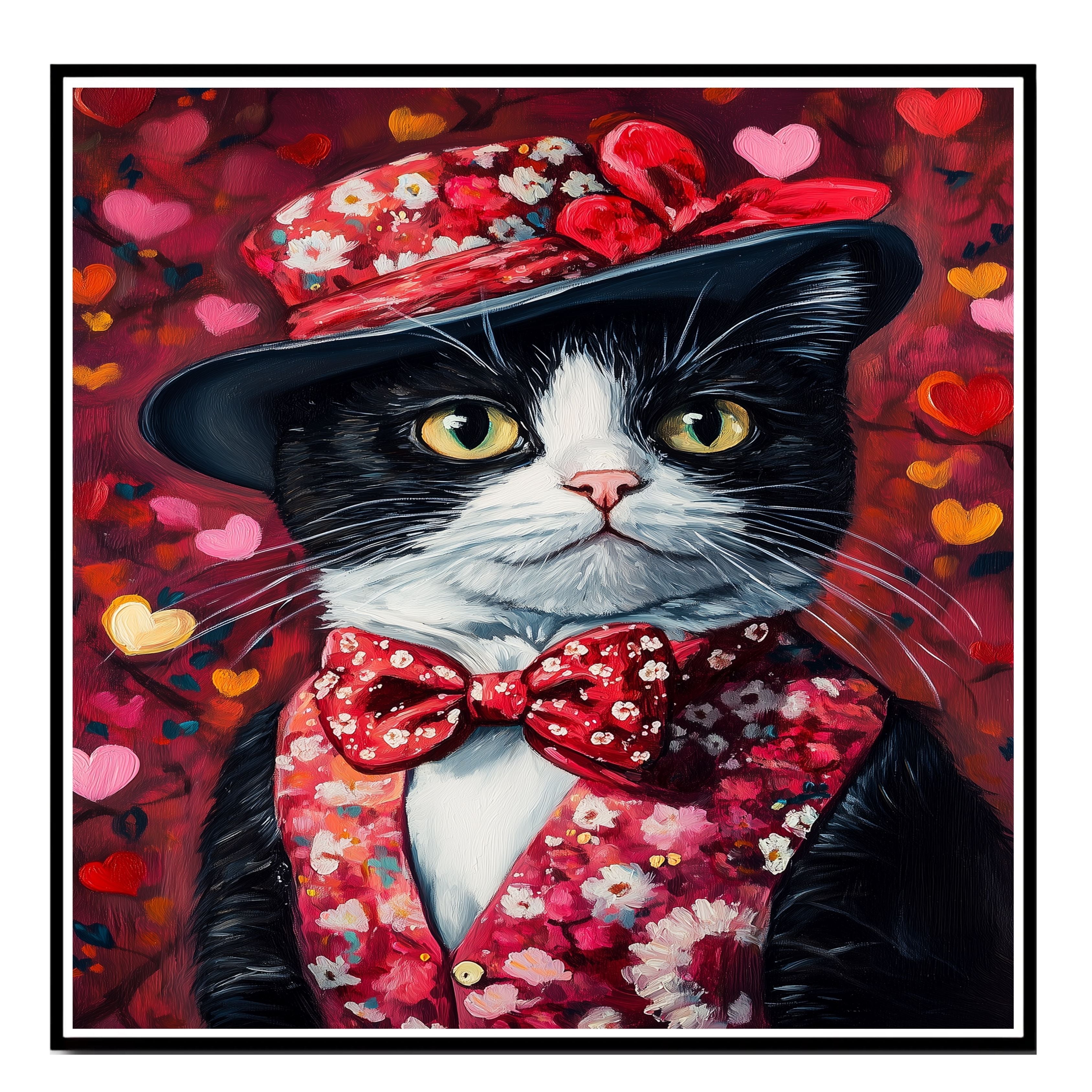 Love & Grace: Tuxedo Cat in a Heart-Adorned Floral Hat and Suit - Sophisticated Valentine's Painting on Ready to Hang 1.5" Thick Canvas Wrap, Floating Framed Canvas, Flat Rolled Canvas
