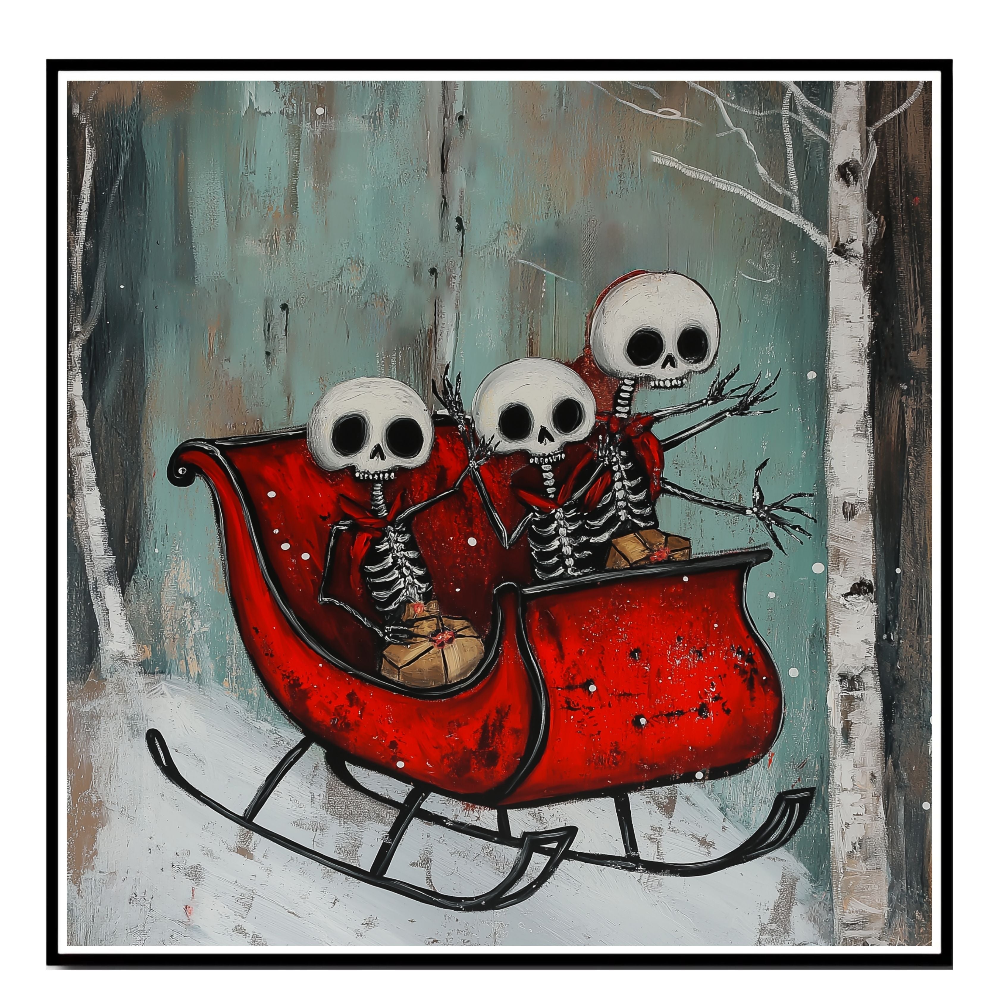 Whimsical Skeleton Sleigh Ride Christmas Print – Gothic Holiday Wall Art with Skeleton Friends in Red Sleigh, Spooky Winter Decor, Quirky Festive Illustration on Ready to Hang 1.5" Thick Canvas Wrap, Floating Framed Canvas, Flat Rolled Canvas