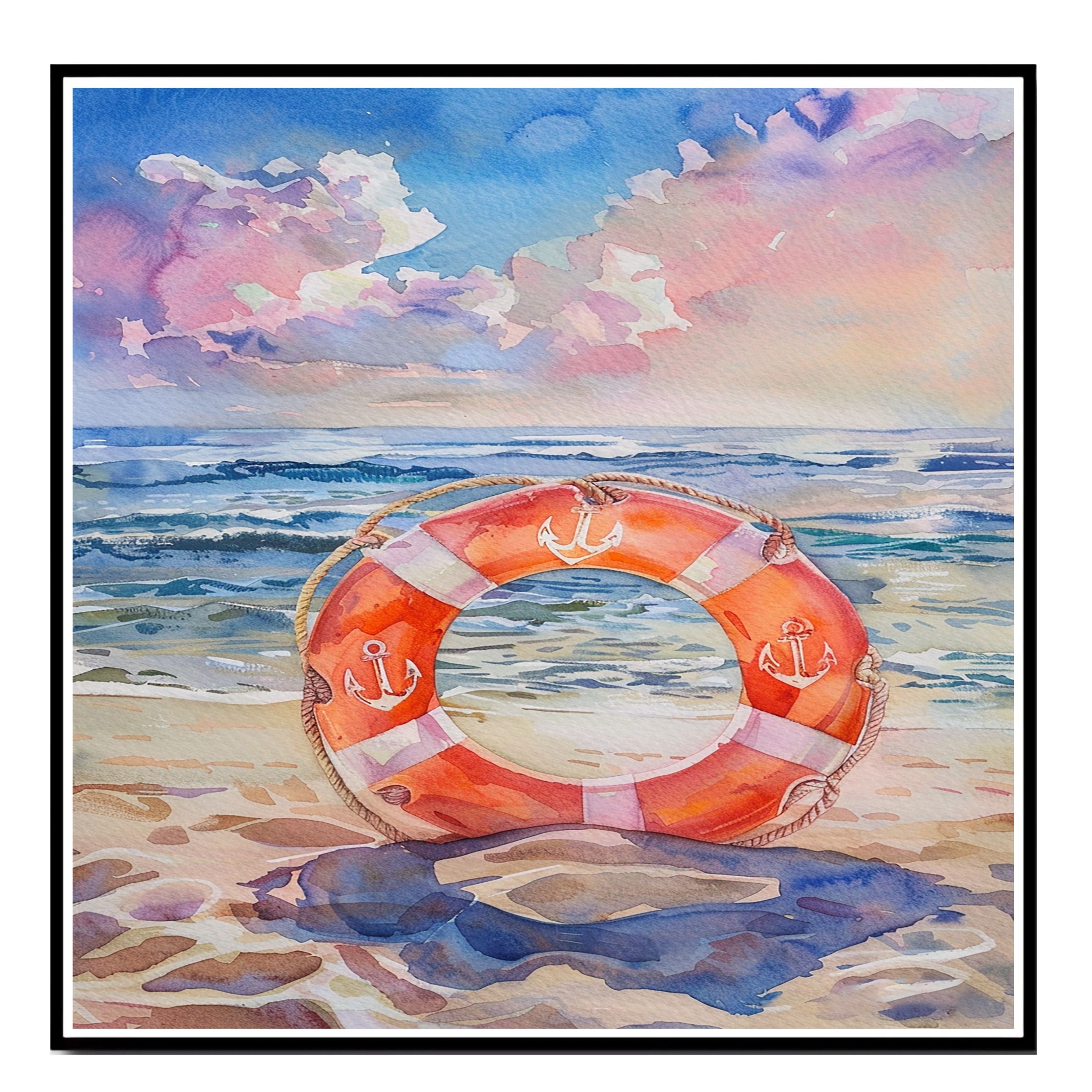 Watercolor Painting of a Life Ring on the Beach Framed by Waves and Colorful Sky with Nautical Anchor Design on Ready to Hang 1.5" Thick Canvas Wrap, Floating Framed Canvas, Flat Rolled Canvas