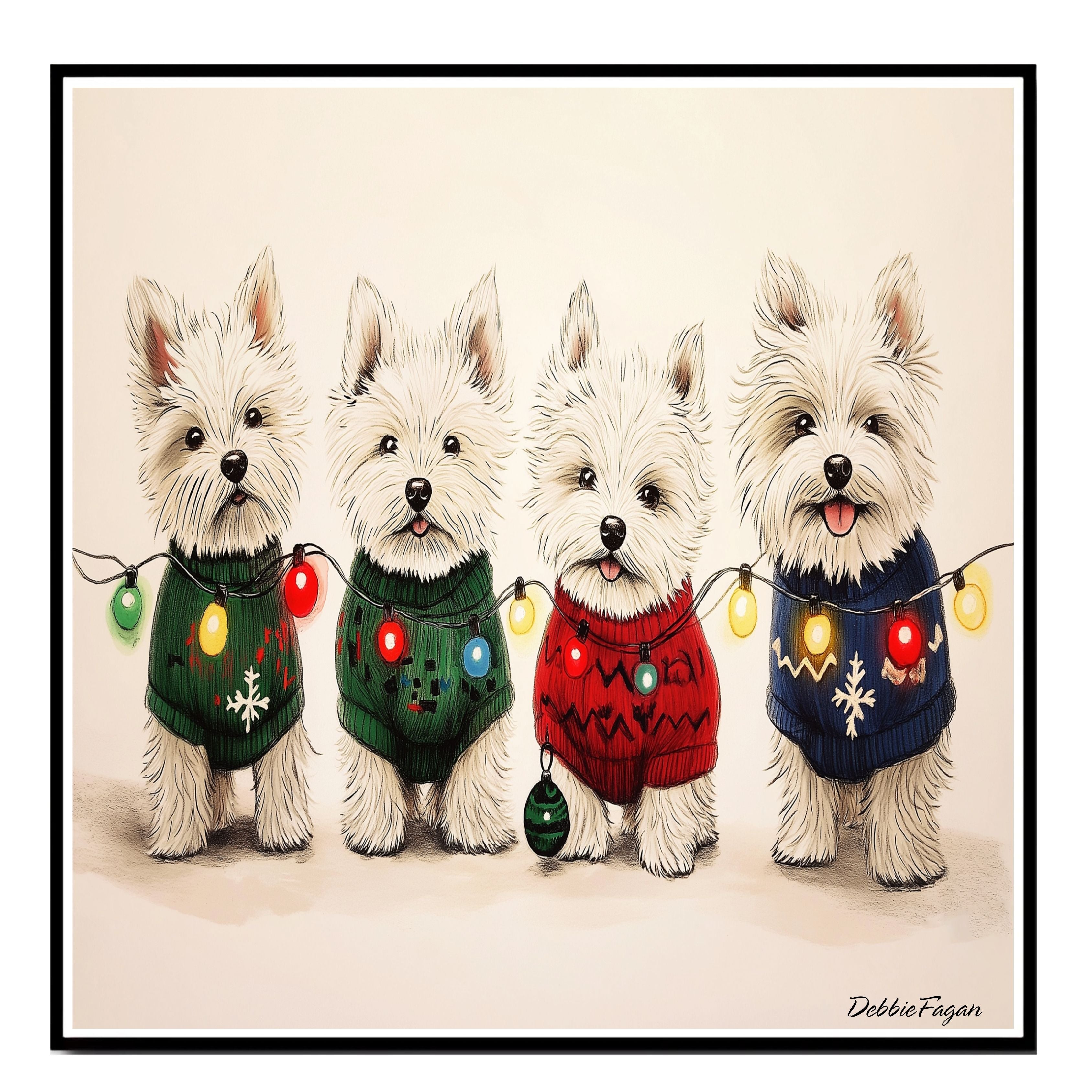 Dog Christmas Canvas  - "Winter Wonder Westies" - West Highland Terriers in Festive Sweaters & Christmas Lights on Ready to Hang 1.5" Thick Canvas Wrap, Floating Framed Canvas, Flat Rolled Canvas