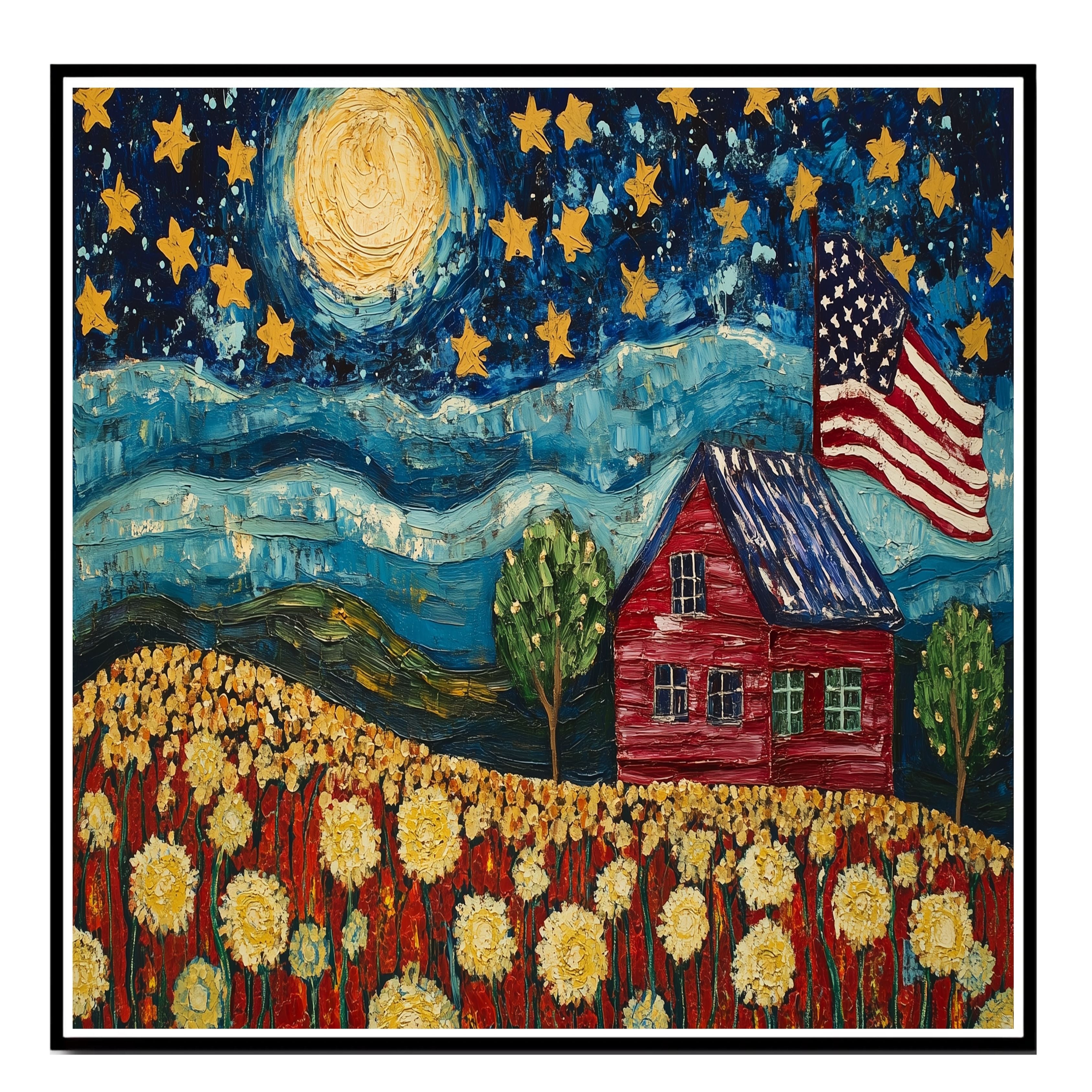 Patriotic Farmhouse Under Starry Sky with American Flag and Flower Field, Folk Art Style 4th of July Scene in Bold Colors and Textured Brushstrokes on Ready to Hang 1.5" Thick Canvas Wrap, Floating Framed Canvas, Flat Rolled Canvas