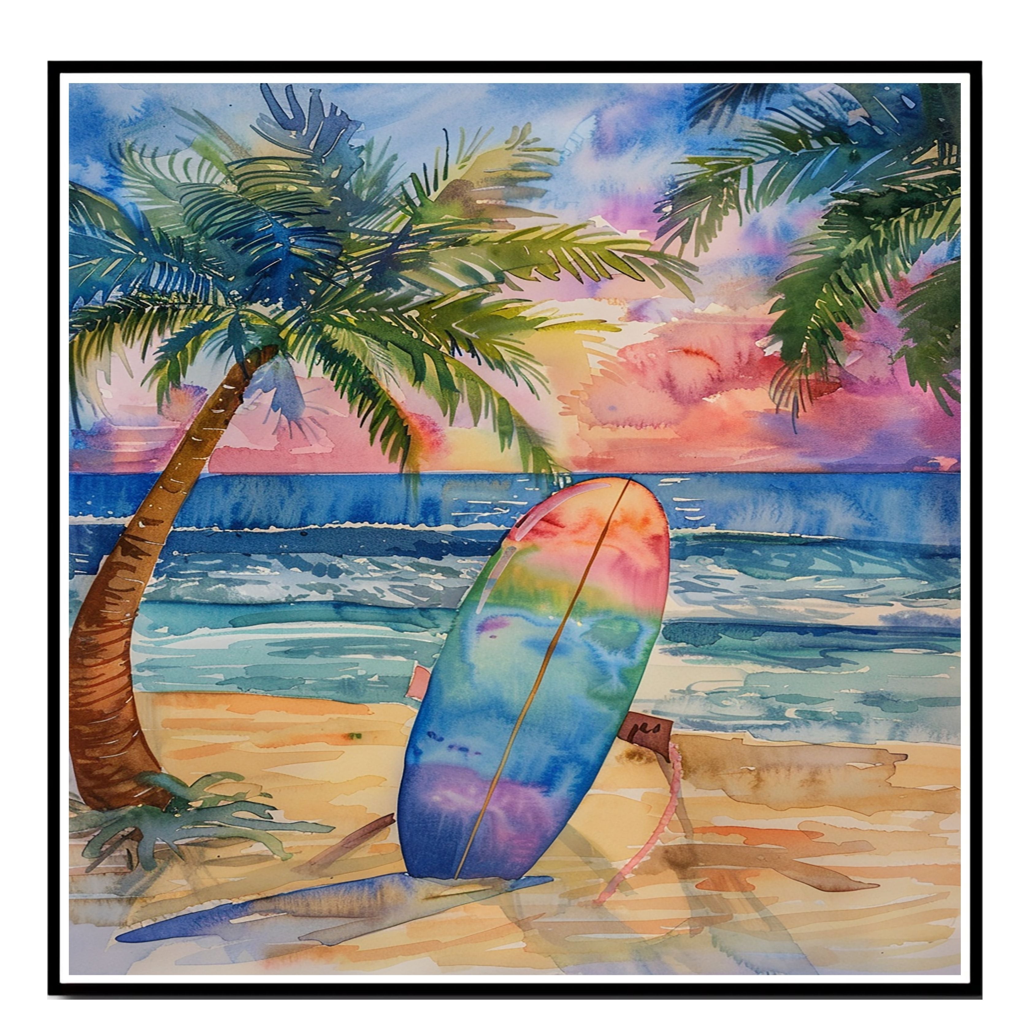 Watercolor Painting of a Colorful Surfboard on Beach at Sunset with Palm Trees on Ready to Hang 1.5" Thick Canvas Wrap, Floating Framed Canvas, Flat Rolled Canvas
