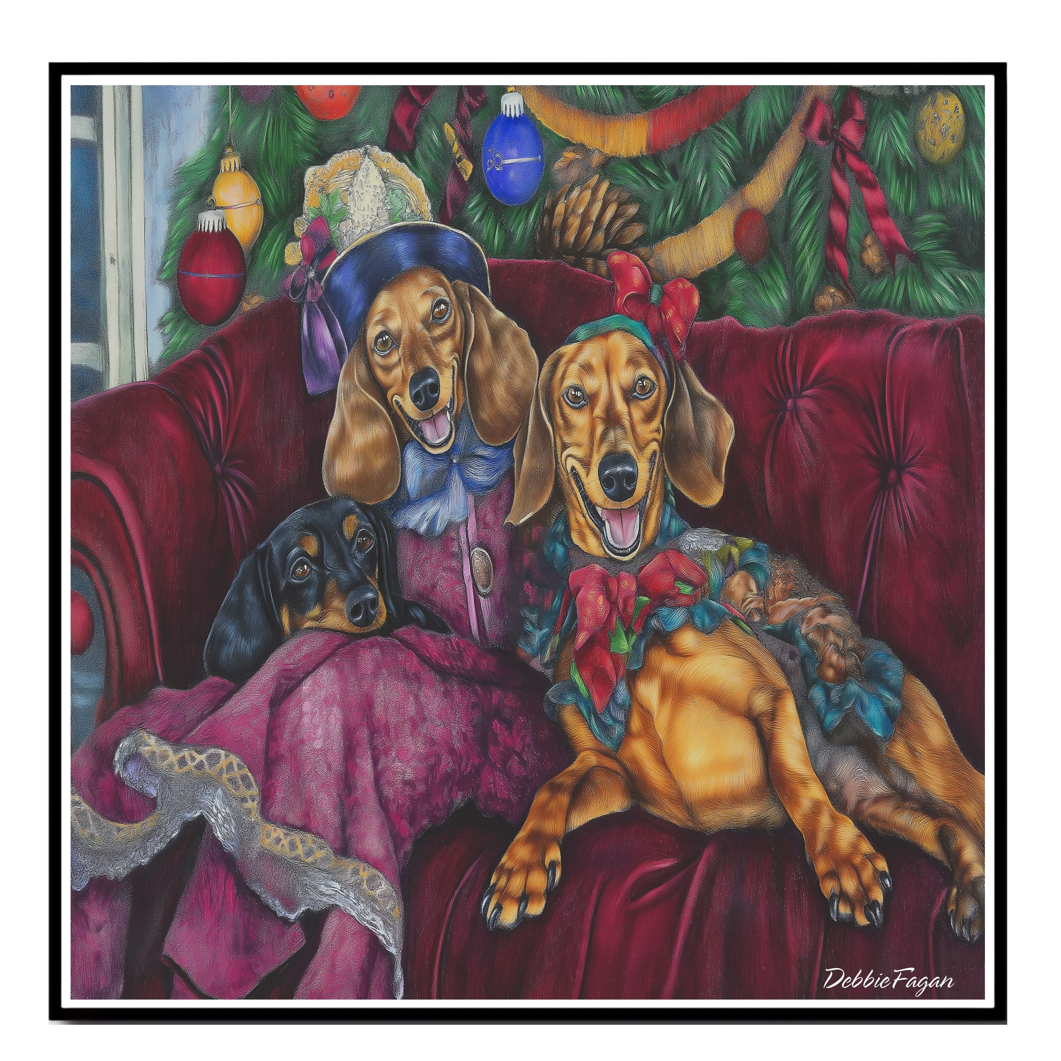 Dachshund Christmas Canvas - "Classy in Victorian Elegance" - Charming Doxie Dogs Dressed in Vintage Attire on Ready to Hang 1.5" Thick Canvas Wrap, Floating Framed Canvas, Flat Rolled Canvas