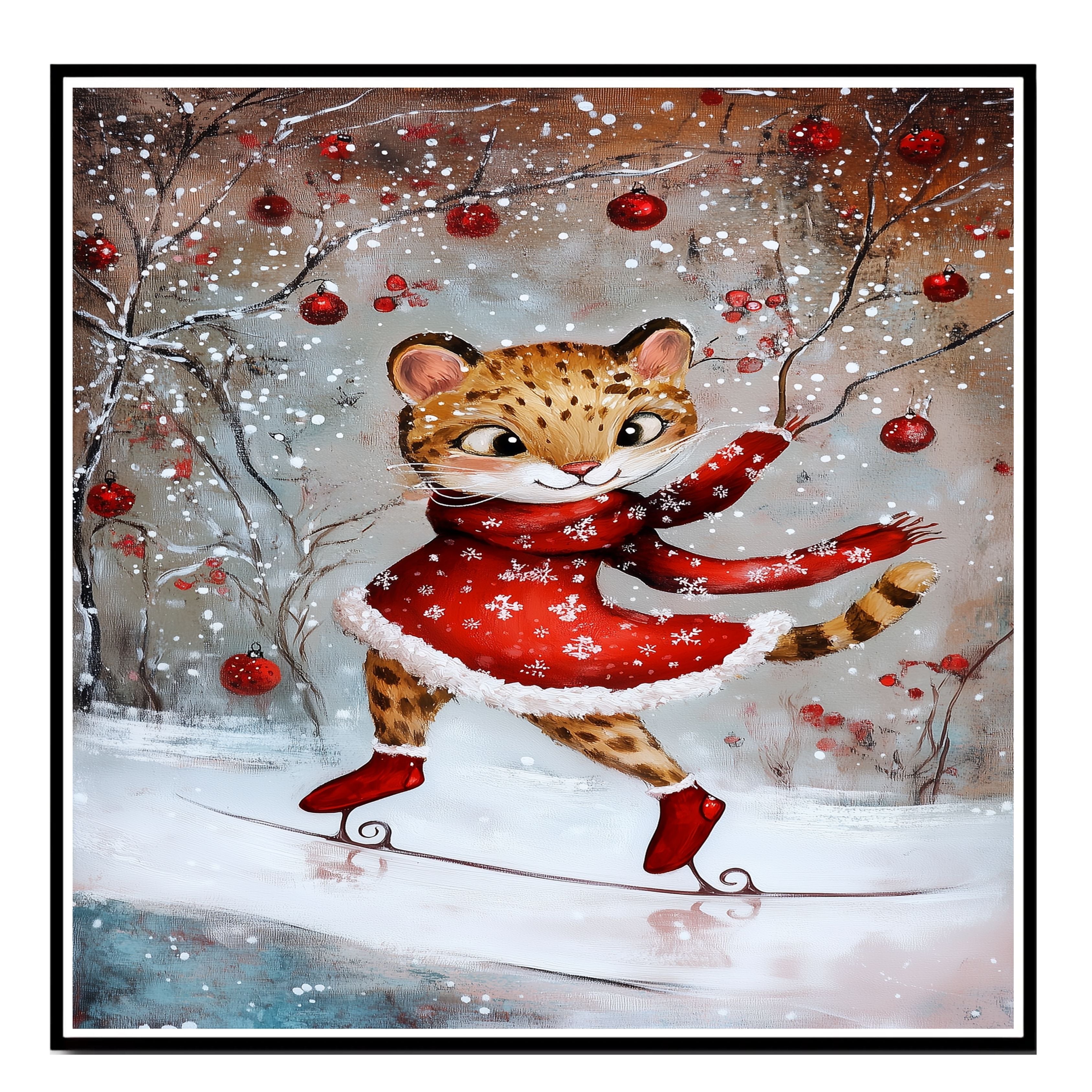 Charming Christmas Cougar Ice Skating in Red Dress Whimsical Holiday Art Featuring Playful Wild Cat in Snowy Forest for Winter Decor and Animal Lovers on Ready to Hang 1.5" Thick Canvas Wrap, Floating Framed Canvas, Flat Rolled Canvas