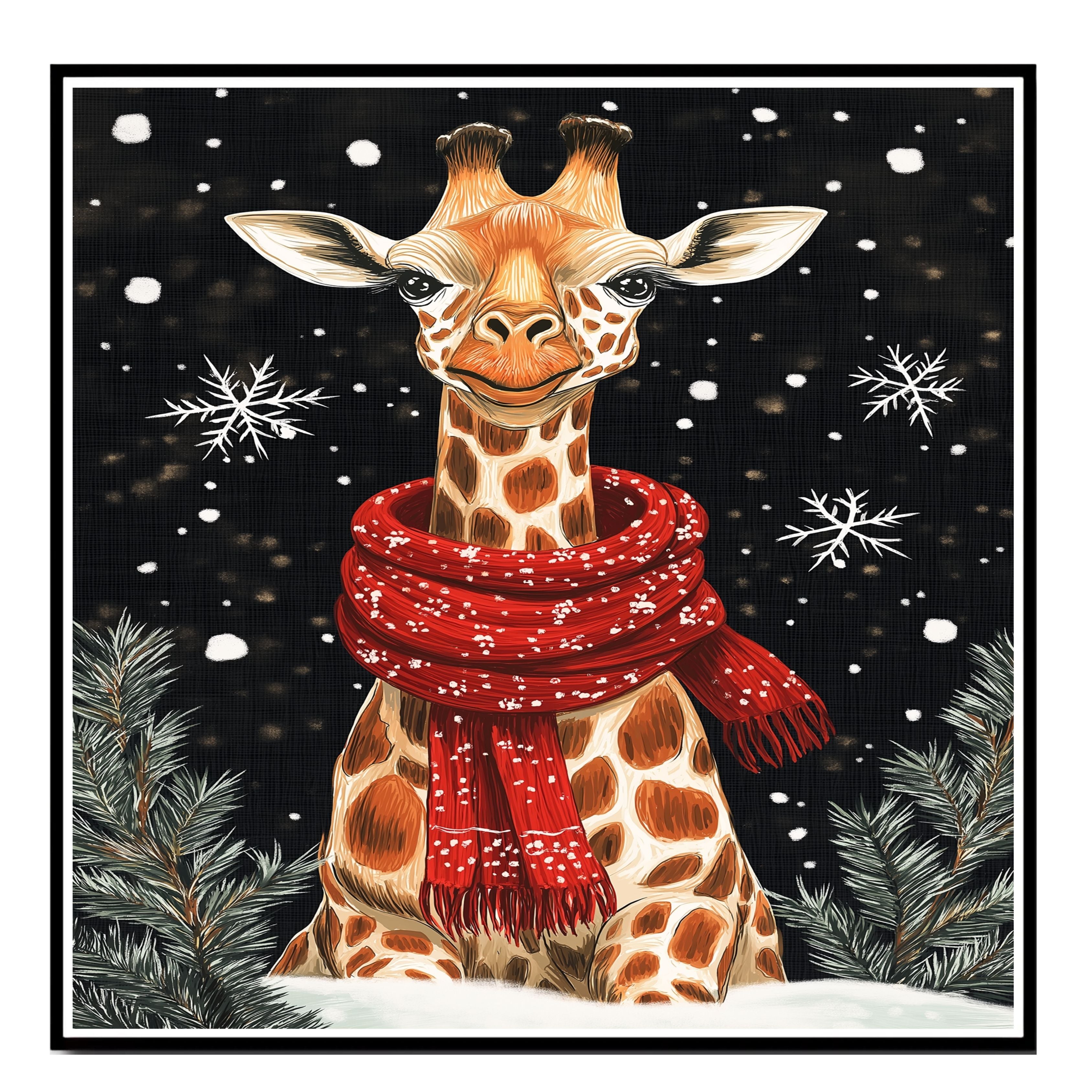 "Snowy Grace Giraffe" - Giraffe in Red Scarf Standing in Snow on Ready to Hang 1.5" Thick Canvas Wrap, Floating Framed Canvas, Flat Rolled Canvas