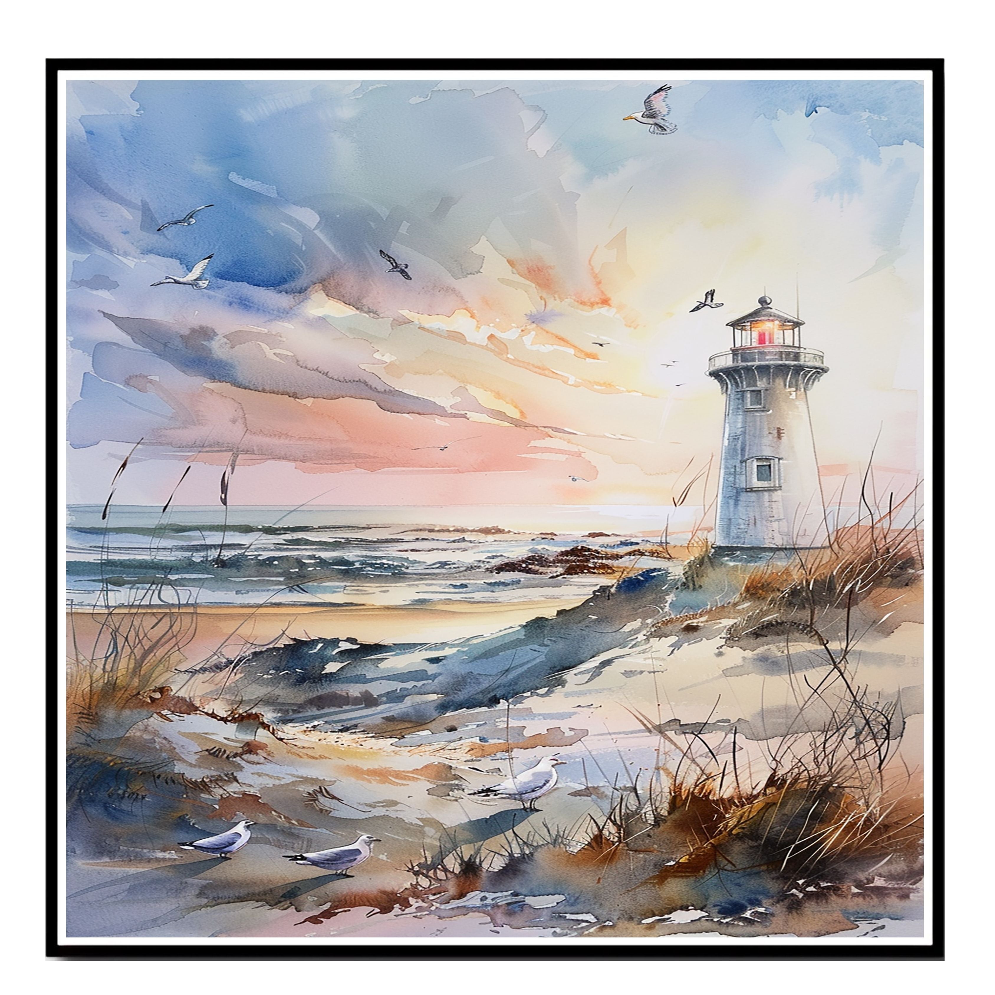 Majestic Lighthouse Overlooking Ocean Waves at Sunset with Soaring Seagulls in Tranquil Coastal Watercolor Scene on Ready to Hang 1.5" Thick Canvas Wrap, Floating Framed Canvas, Flat Rolled Canvas