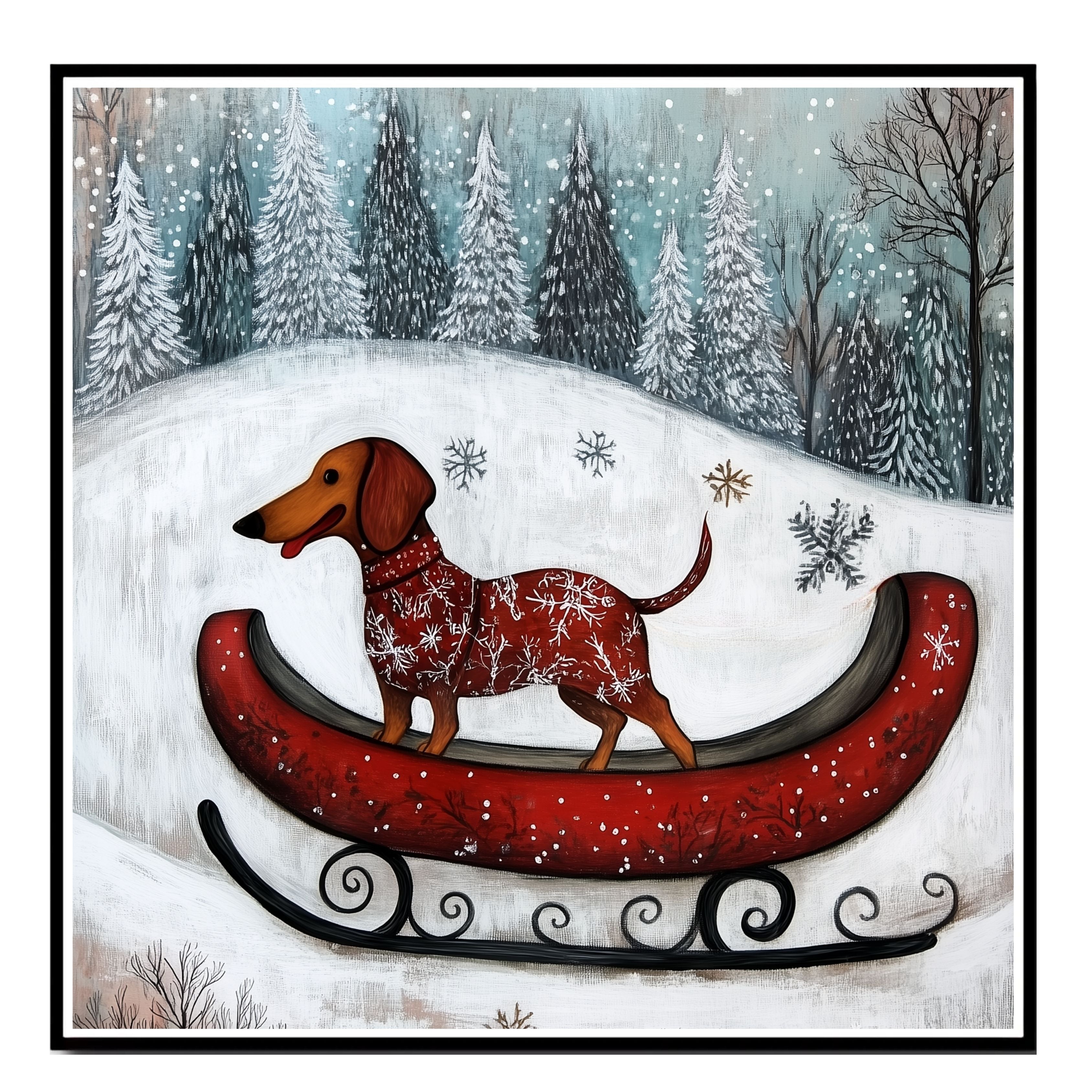 Festive Dachshund in Red Sleigh Winter Wonderland Art Whimsical Christmas Dog Illustration in Snowy Forest Scene for Holiday Pet Lovers and Seasonal Décor on Ready to Hang 1.5" Thick Canvas Wrap, Floating Framed Canvas, Flat Rolled Canvas