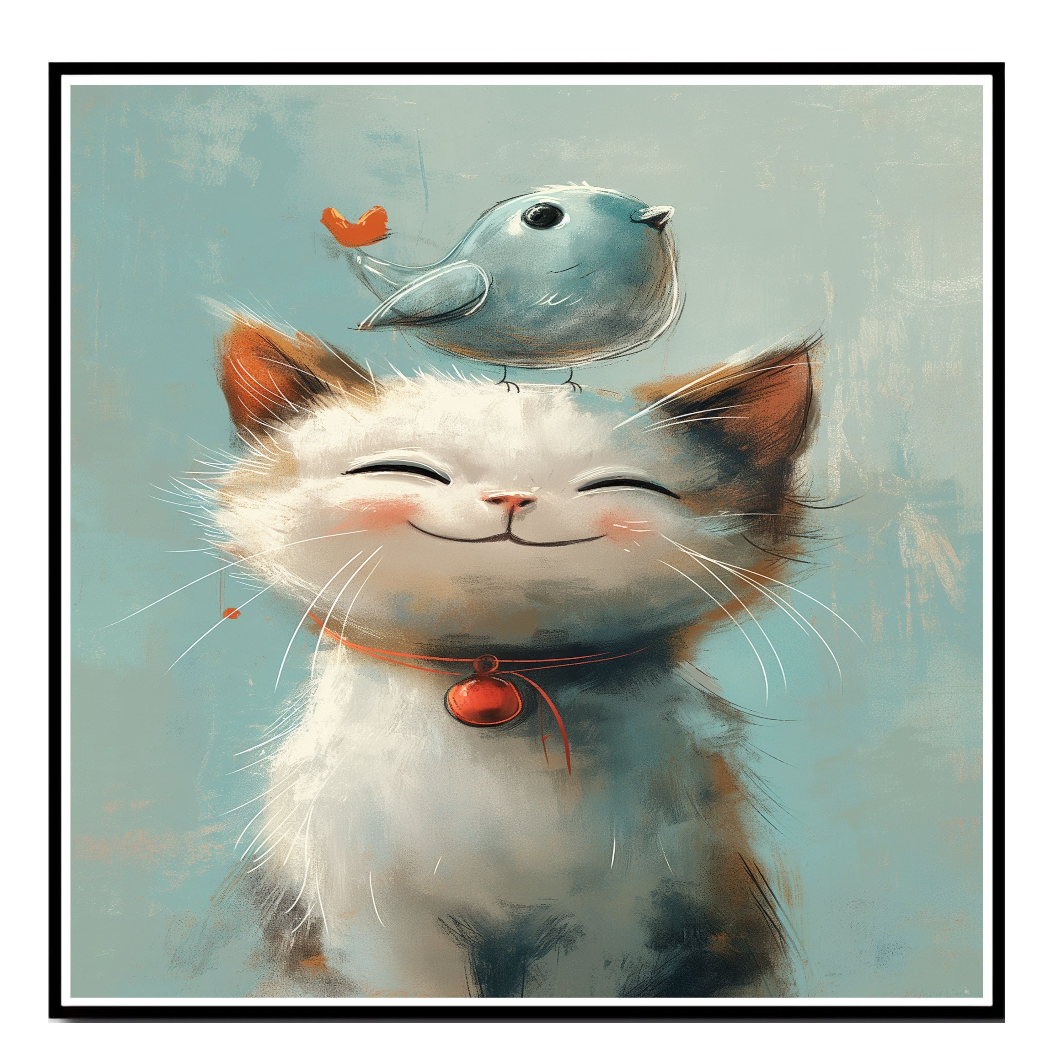 Sweet Painting of a Smiling Kitten with a Blue Bird on Its Head and Red Bell Collar Perfect for Whimsical Nursery Decor or a Gift for Cat and Animal Lovers on Ready to Hang 1.5" Thick Canvas Wrap, Floating Framed Canvas, Flat Rolled Canvas