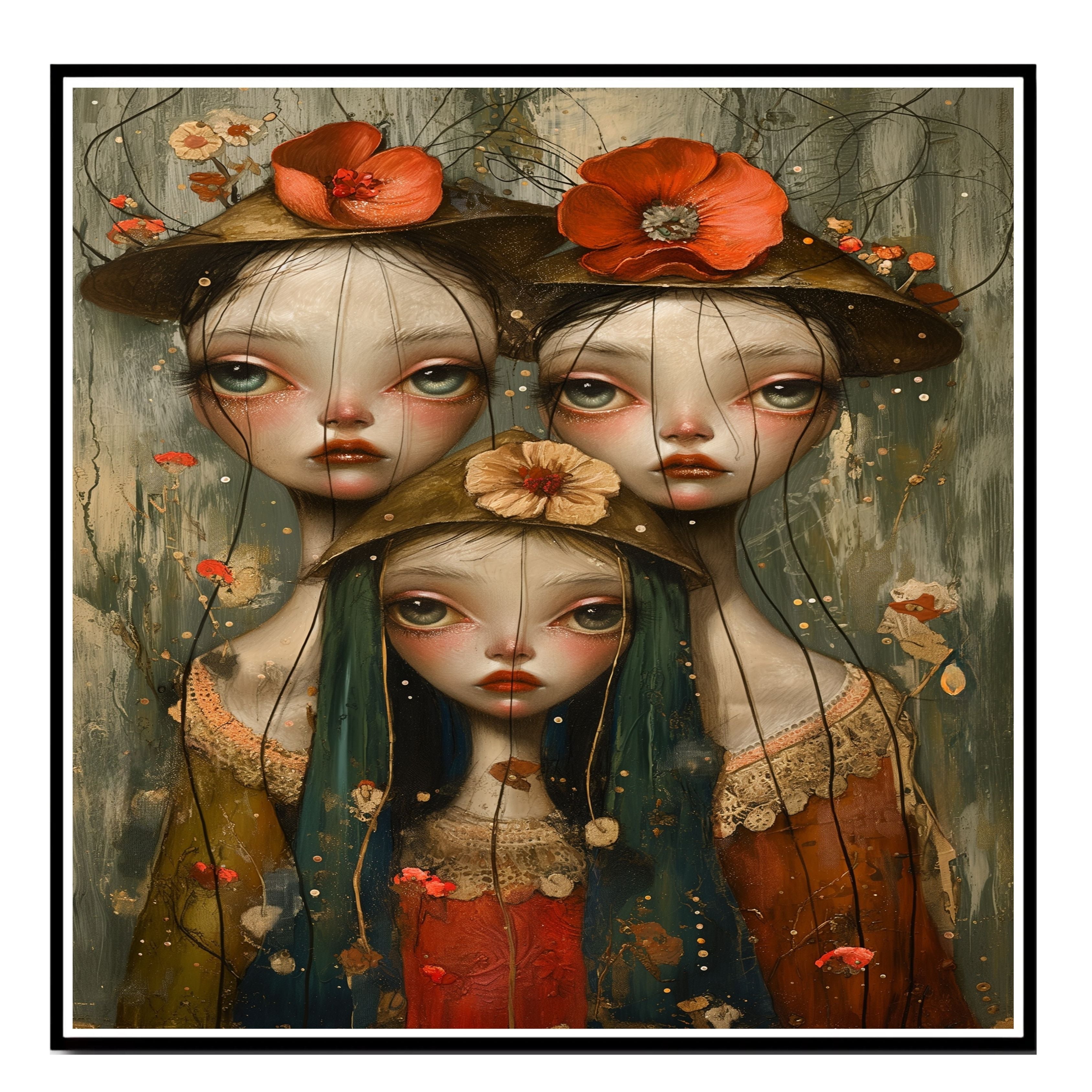Dreamy Trio of Girls with Floral Hats Hand Painted Art Emotional and Delicate Perfect for Home Wall Decor Living Room Bedroom Office or Unique Gift Idea on Ready to Hang 1.5" Thick Canvas Wrap, Floating Framed Canvas, Flat Rolled Canvas