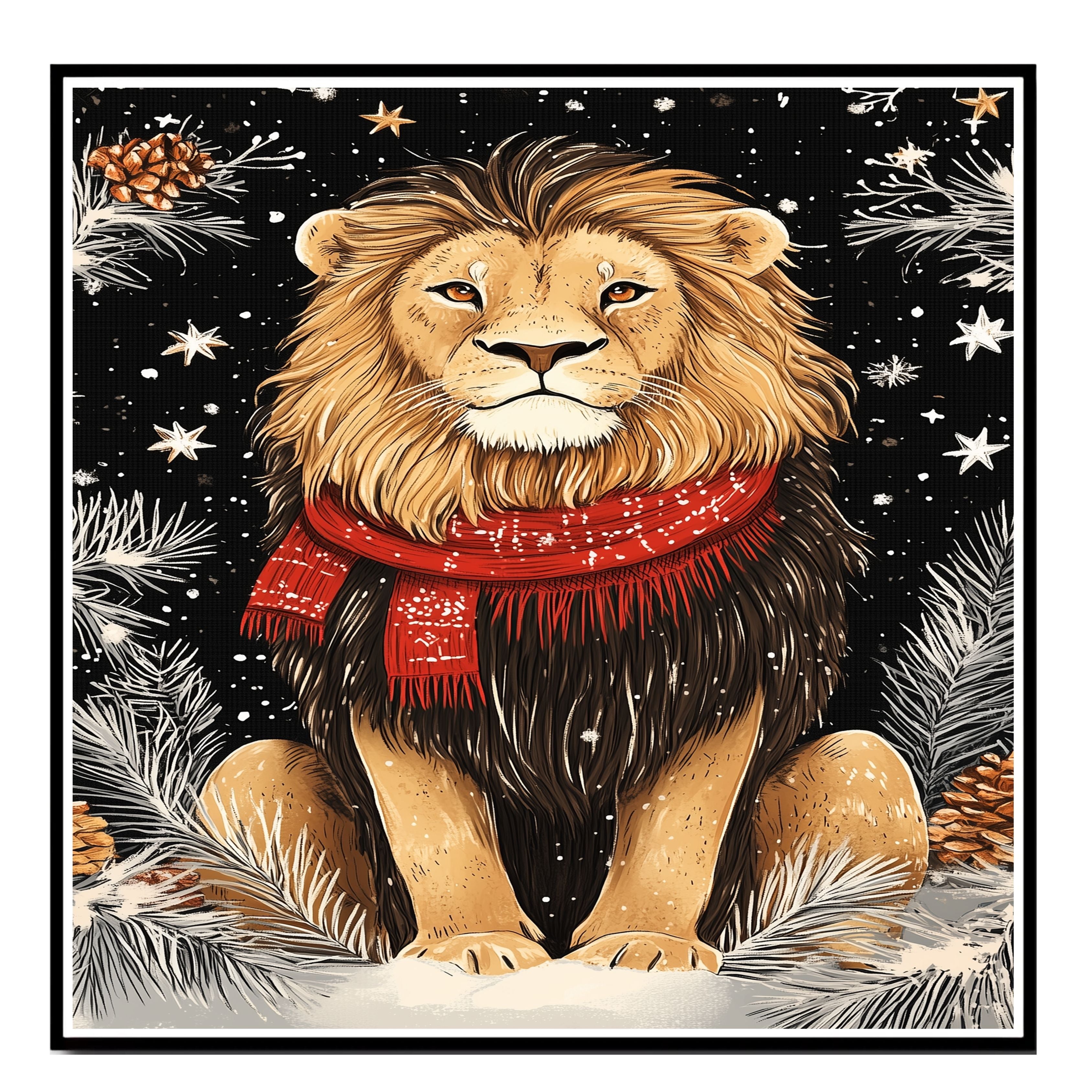 "Frosted Pride Lion" - Lion in Red Scarf Amidst Snowy Scenery on Ready to Hang 1.5" Thick Canvas Wrap, Floating Framed Canvas, Flat Rolled Canvas