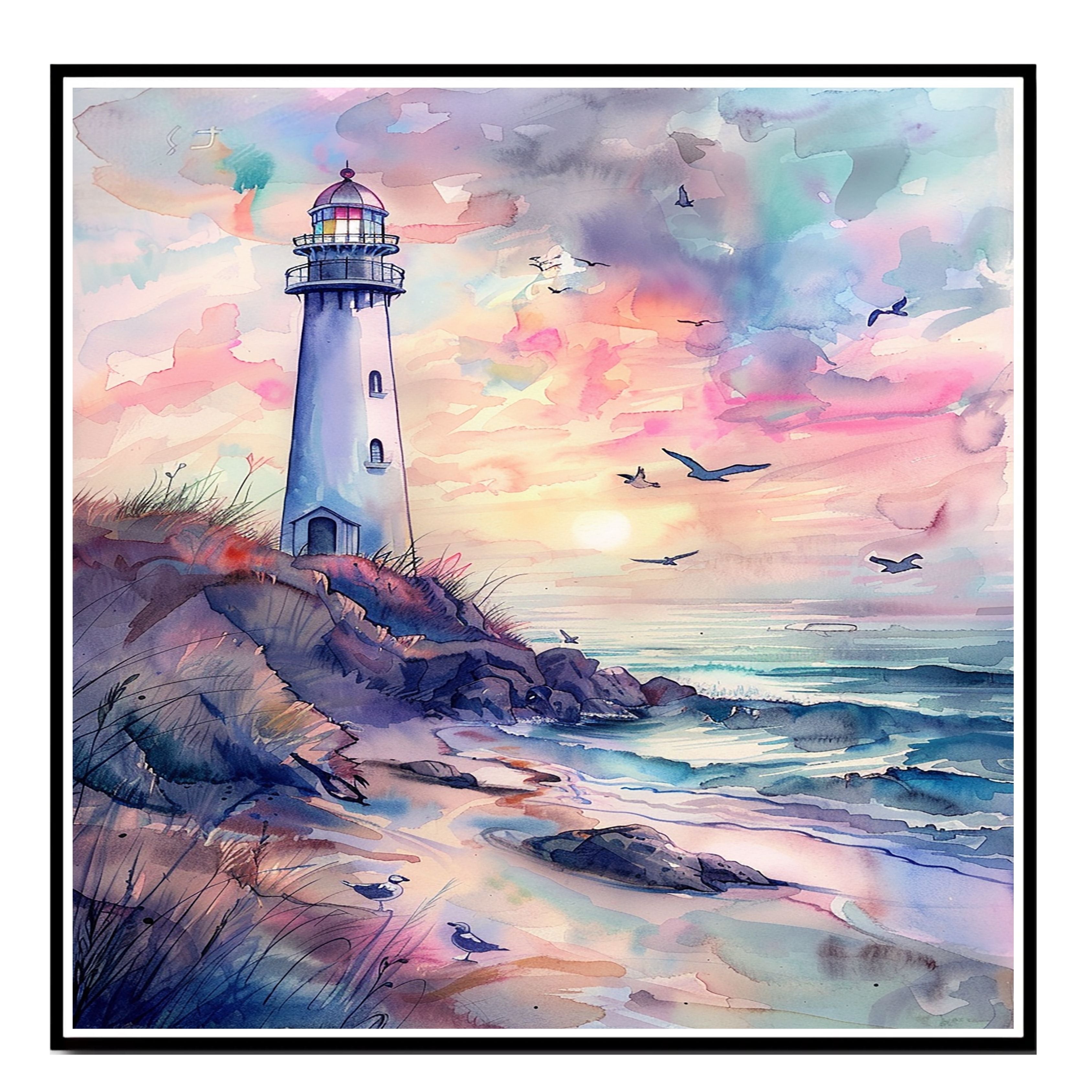 Elegant Lighthouse on Coastal Cliff with Pastel Sunset Sky and Ocean Waves in Soothing Watercolor Seaside Painting on Ready to Hang 1.5" Thick Canvas Wrap, Floating Framed Canvas, Flat Rolled Canvas