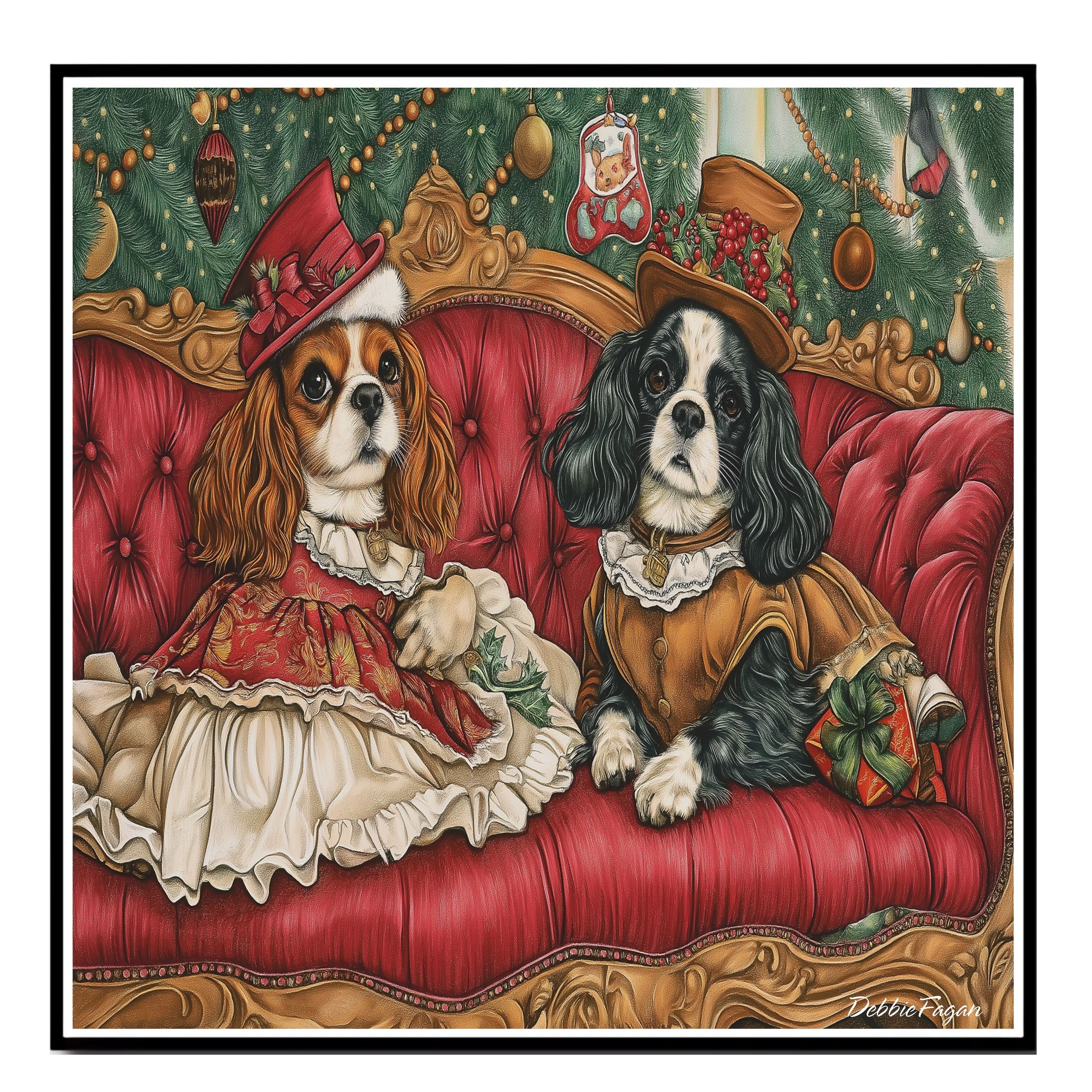 ÒRoyal CompanionsÓ - Cavalier King Charles Spaniels Dressed in Elegant Victorian Attire on Cozy Couch on Ready to Hang 1.5" Thick Canvas Wrap, Floating Framed Canvas, Flat Rolled Canvas