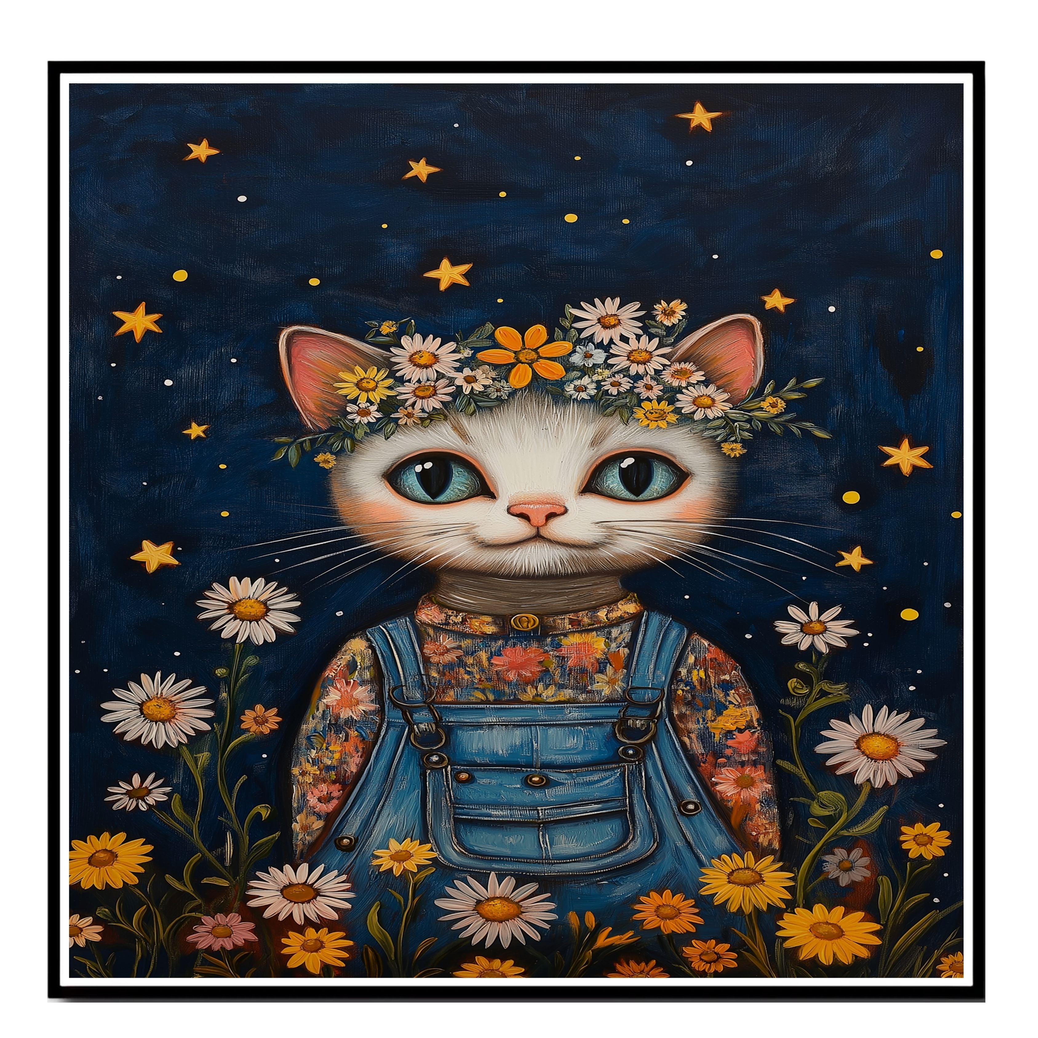 Cute Cat in Overalls with Flower Crown Whimsical Hand Painted Floral Art Night Sky Wall Decor for Nursery Kids Room Bedroom or Gift for Cat Lovers on Ready to Hang 1.5" Thick Canvas Wrap, Floating Framed Canvas, Flat Rolled Canvas