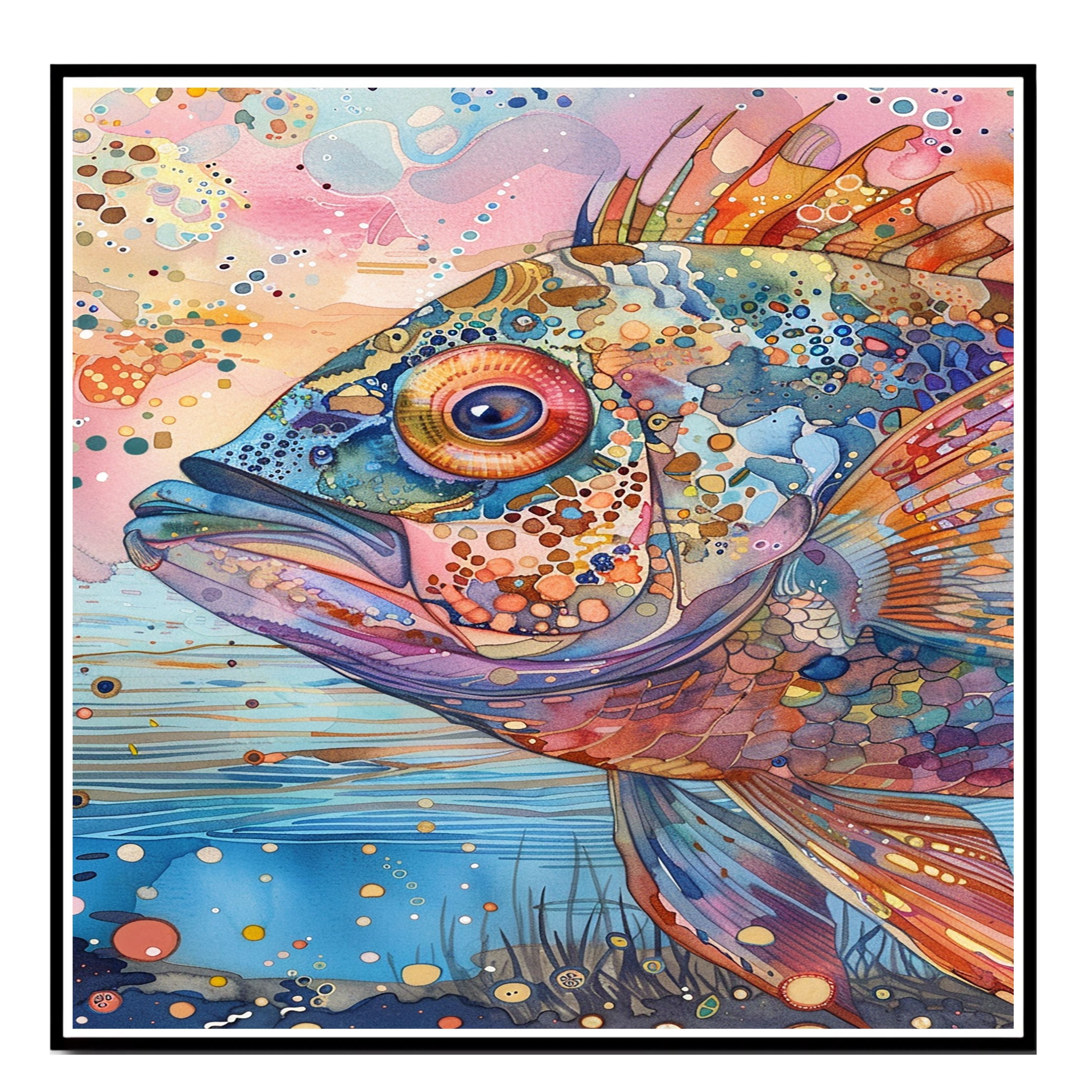 Abstract Watercolor Fish Close-Up in Multicolor Pattern with Ocean Background for Aquatic Wall Art Lovers on Ready to Hang 1.5" Thick Canvas Wrap, Floating Framed Canvas, Flat Rolled Canvas