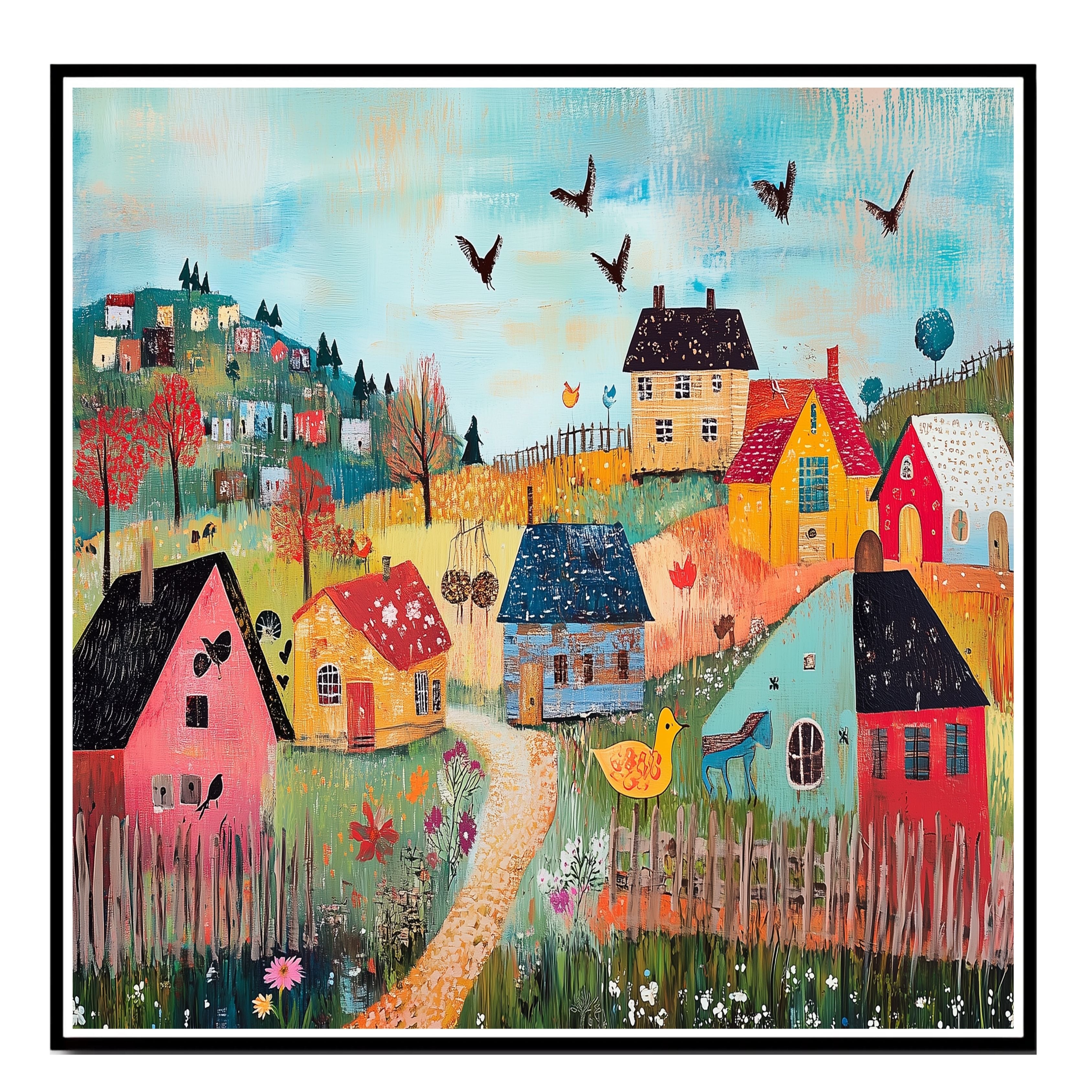 Colorful Folk Art Canvas Wall Art with Village Houses and Flowers