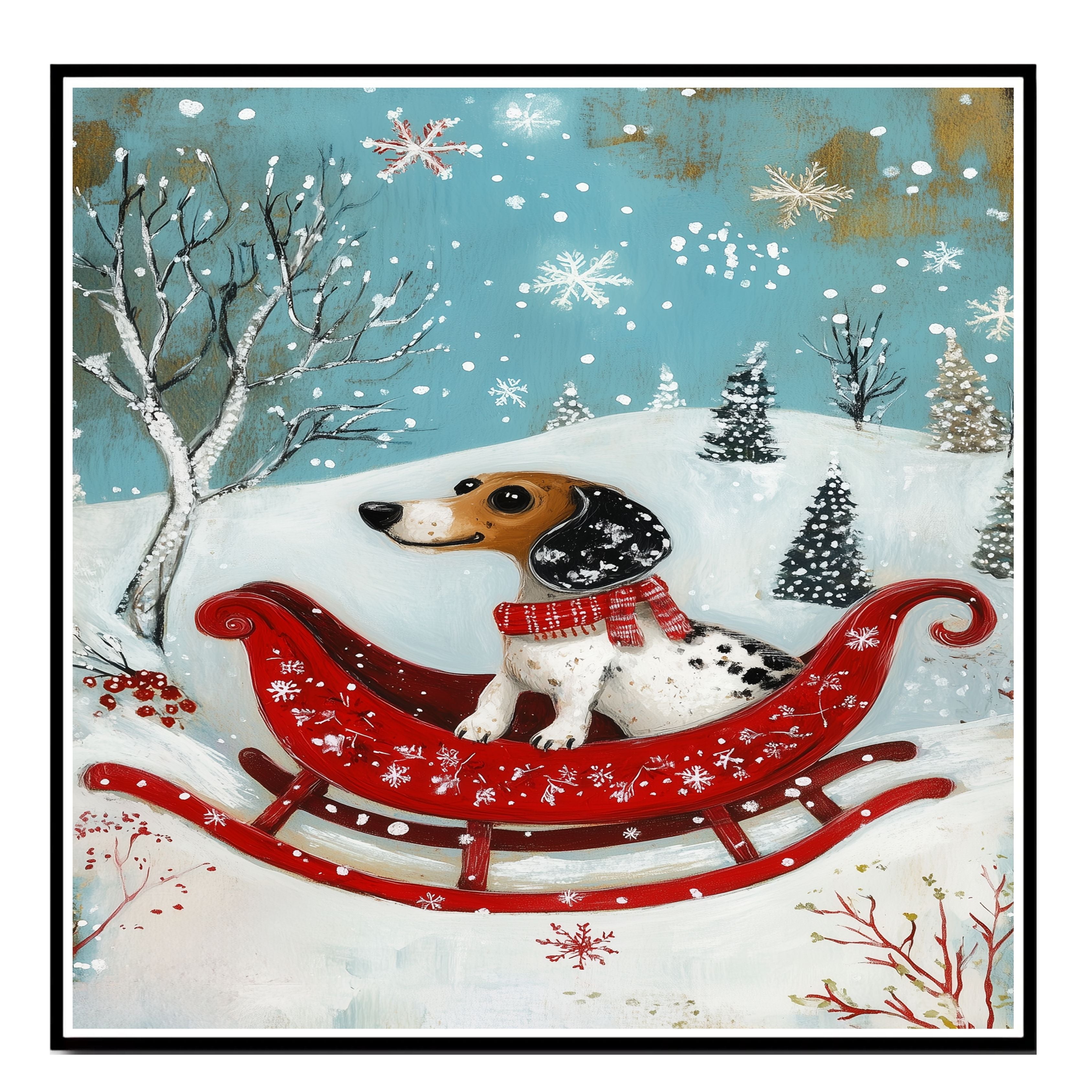 Dachshund in Red Sleigh Winter Forest Scene Whimsical Christmas Dog Wall Art, Holiday Pet Illustration, Cozy Festive Decor or Gift for Dog Lovers on Ready to Hang 1.5" Thick Canvas Wrap, Floating Framed Canvas, Flat Rolled Canvas
