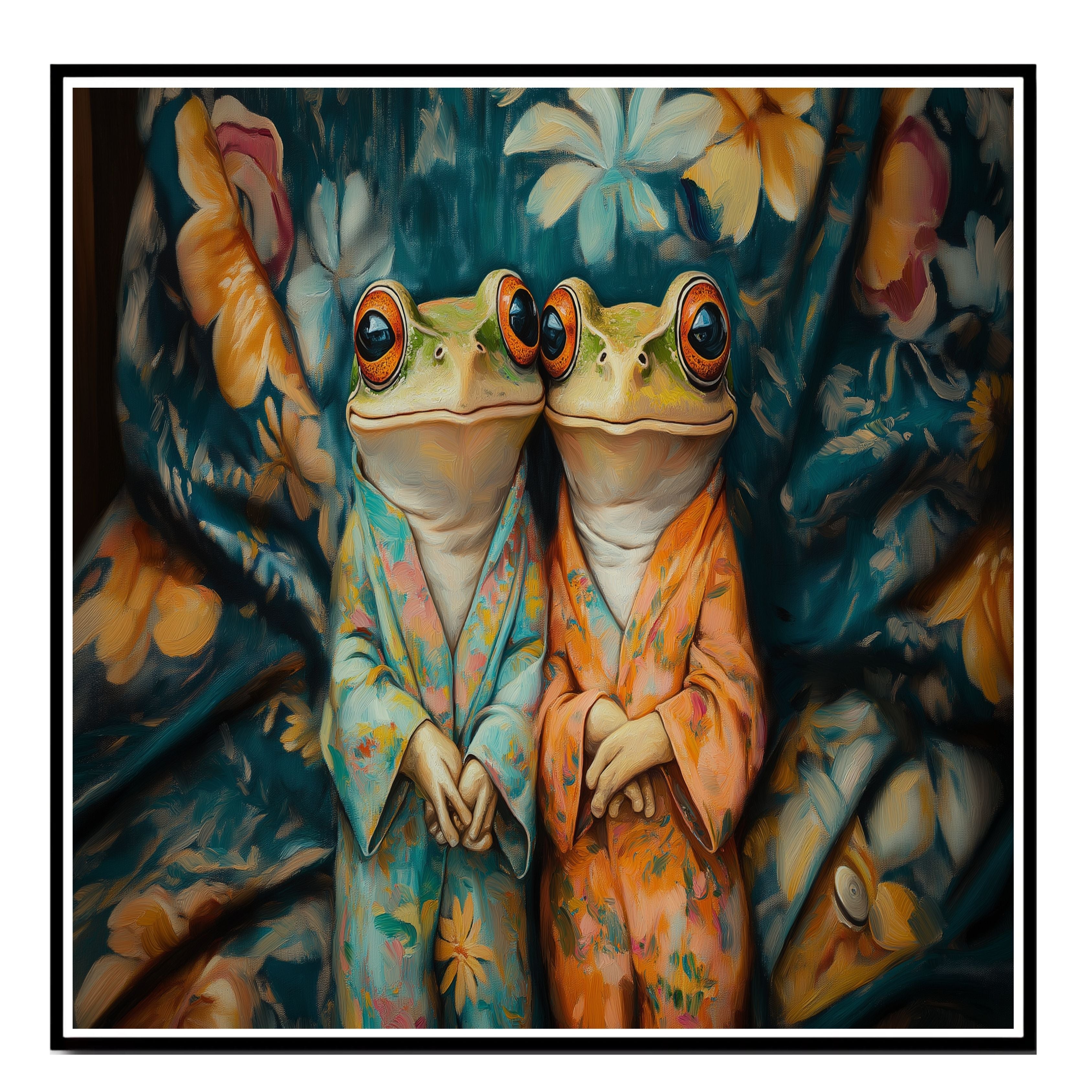 Elegant Painting of Two Frogs in Floral Pajamas Sitting Together with Gentle Expressions on a Bold Botanical Background in Teal and Warm Orange Hues on Ready to Hang 1.5" Thick Canvas Wrap, Floating Framed Canvas, Flat Rolled Canvas
