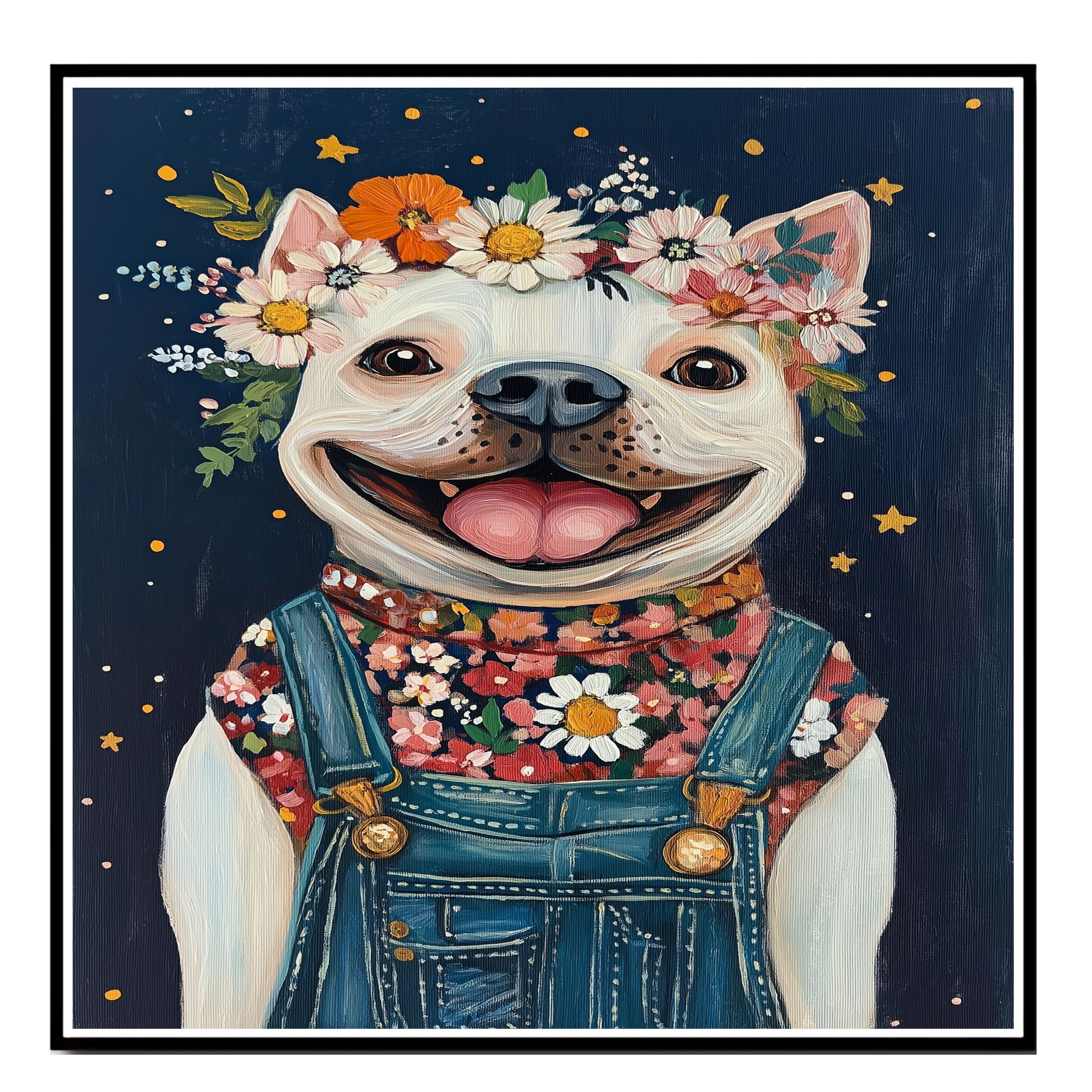 Happy White Dog Wearing Overalls and Floral Shirt Whimsical Farmhouse Art Perfect for Nursery Bedroom Living Room Dog Lover Gift Rustic Home Decor on Ready to Hang 1.5" Thick Canvas Wrap, Floating Framed Canvas, Flat Rolled Canvas