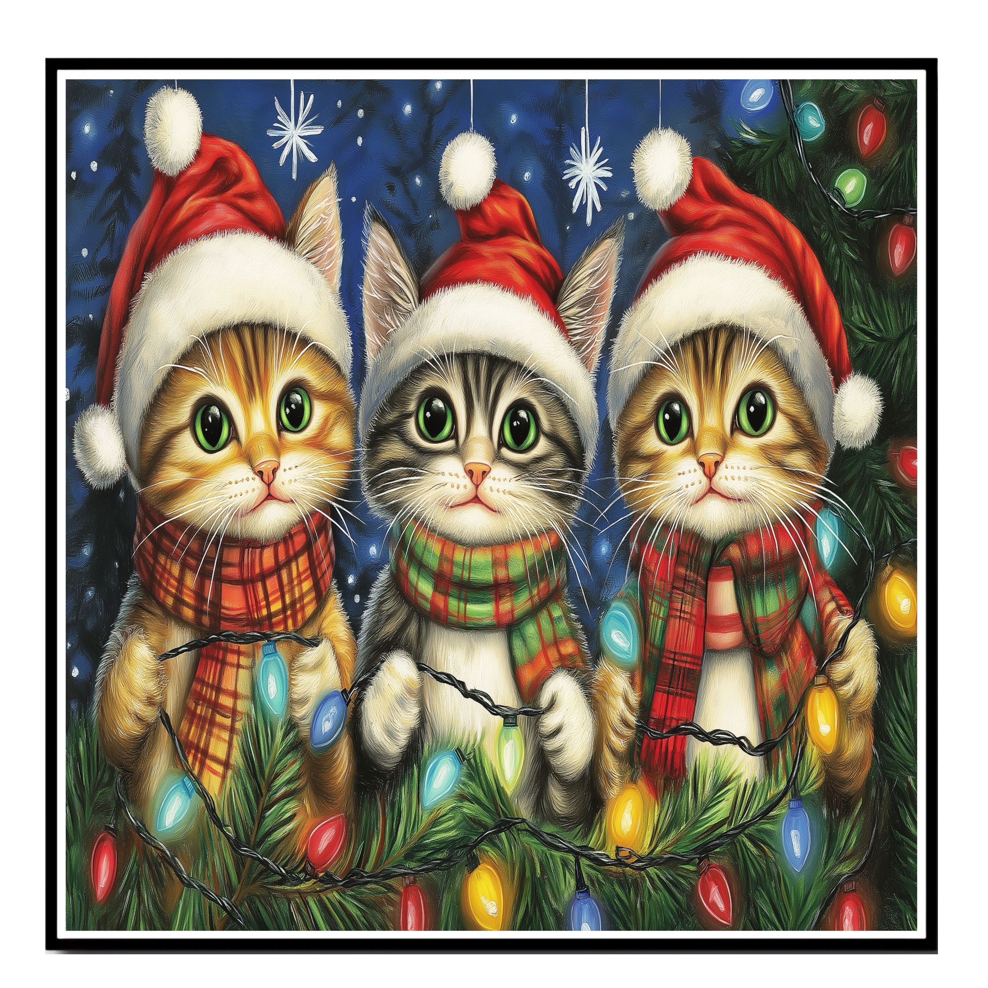 Christmas Kitten Art Print with Three Cute Cats in Santa Hats and Scarves Hand Drawn Holiday Cat Illustration for Festive Gift or Cozy Winter Home Decor on Ready to Hang 1.5" Thick Canvas Wrap, Floating Framed Canvas, Flat Rolled Canvas