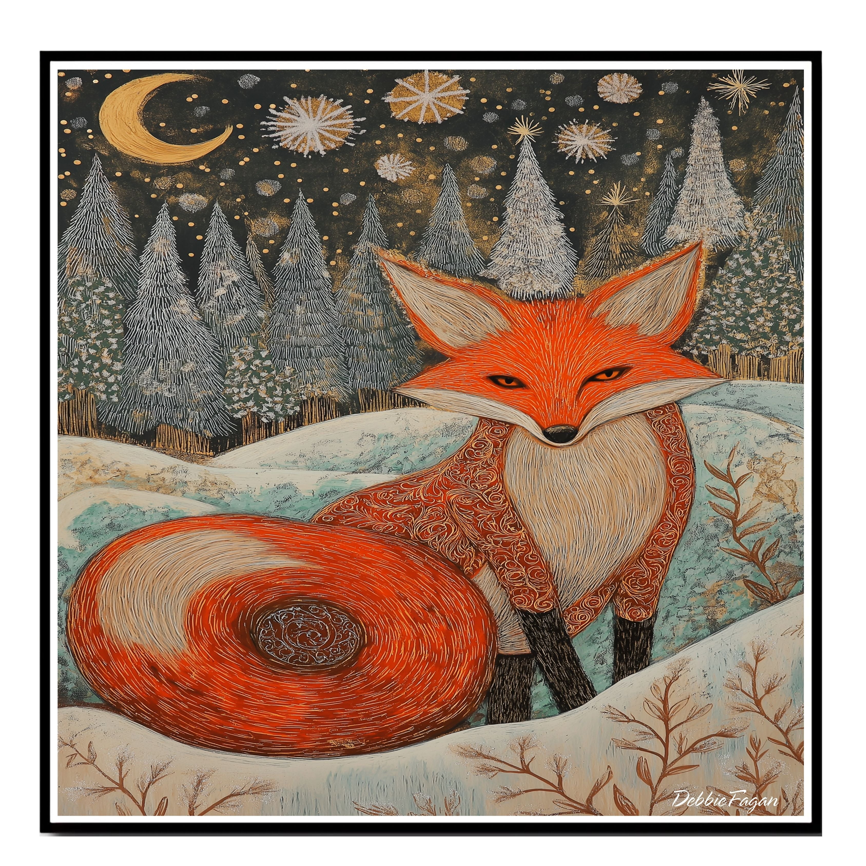 Mystical Winter Fox Canvas – Ornate Red Fox in Snowy Forest Under Moonlight and Sparkling Snowflakes on Ready to Hang 1.5" Thick Canvas Wrap, Floating Framed Canvas, Flat Rolled Canvas