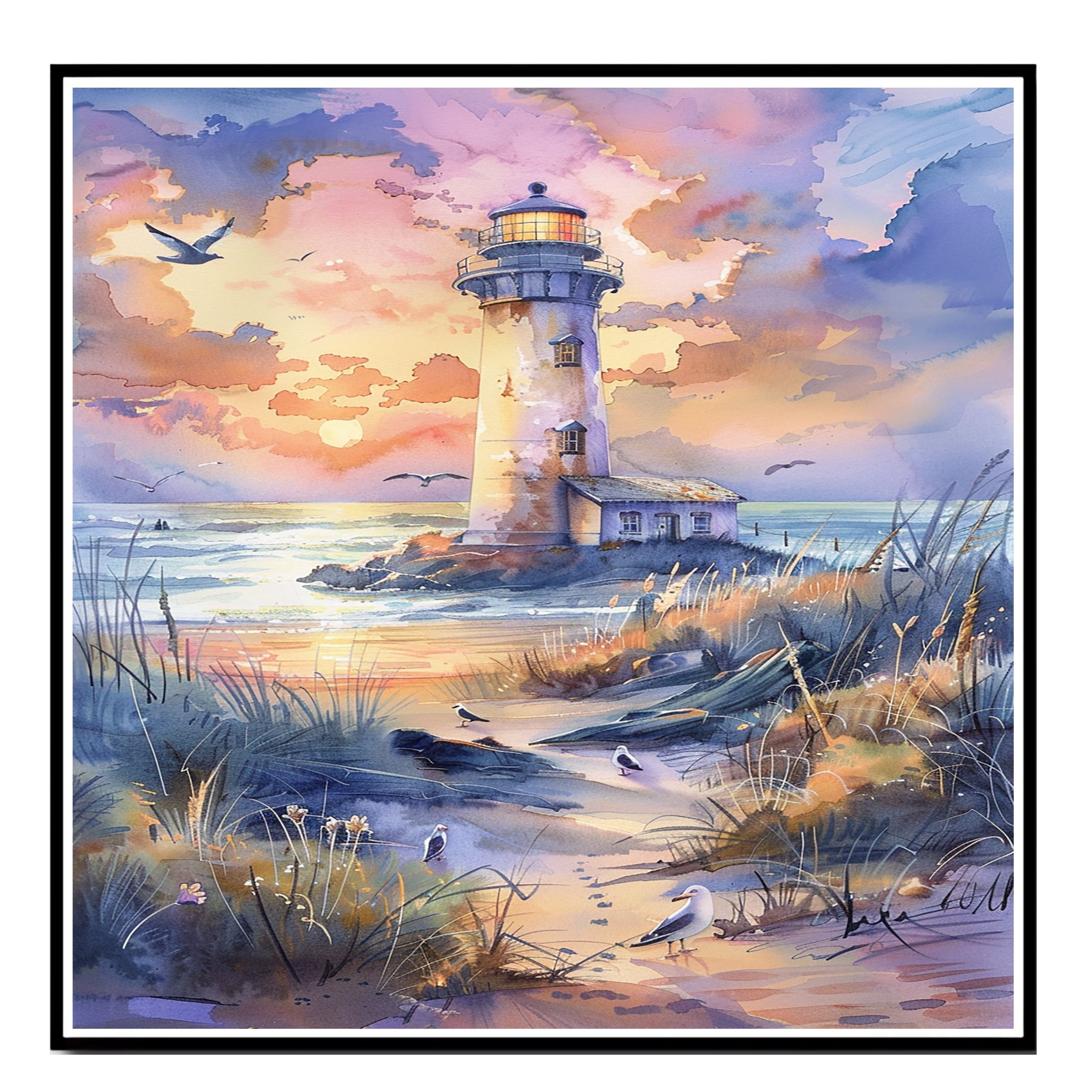 Charming Lighthouse by Ocean Shore at Sunset with Beach Path Seabirds and Colorful Sky in Serene Watercolor Scene on Ready to Hang 1.5" Thick Canvas Wrap, Floating Framed Canvas, Flat Rolled Canvas