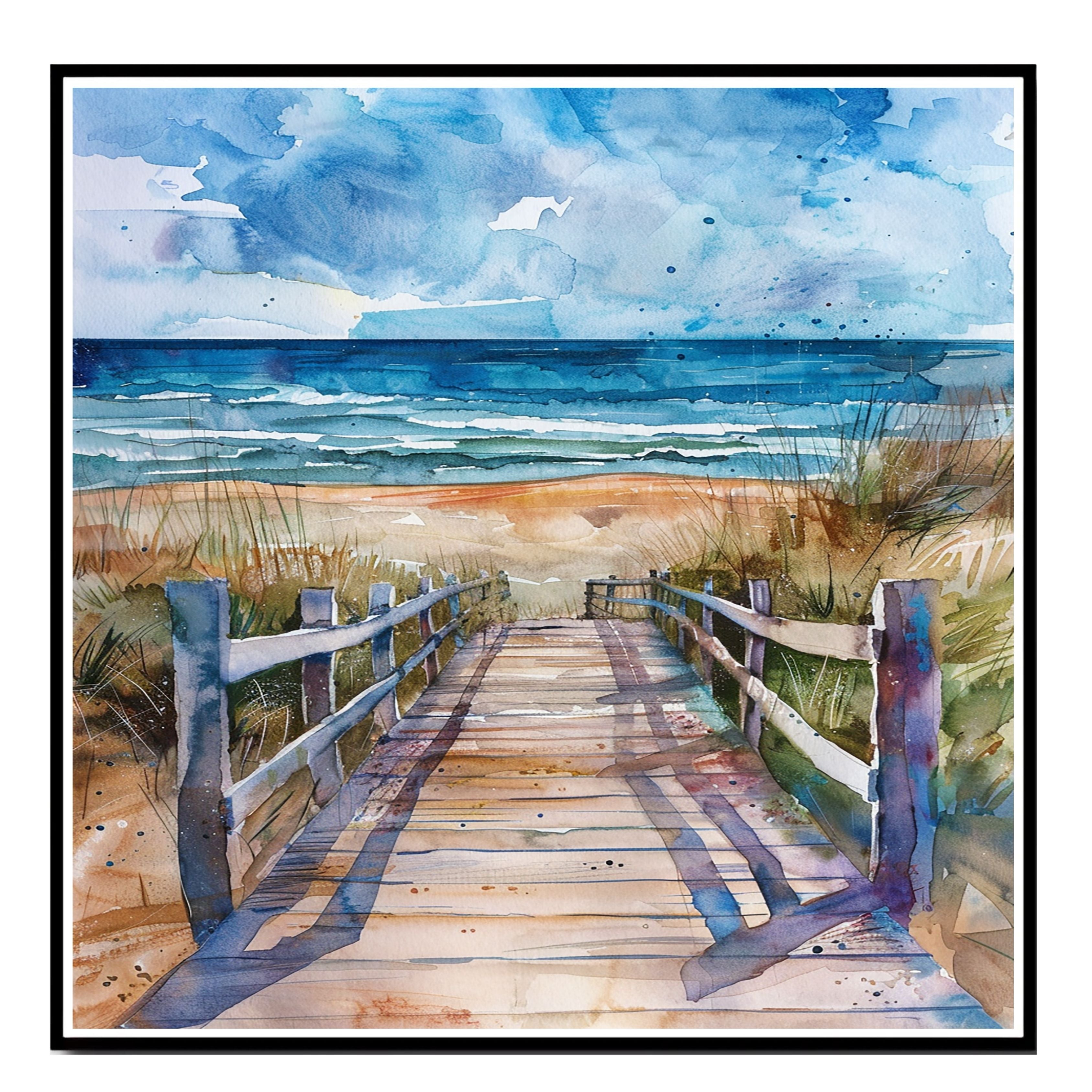 Dramatic Coastal Boardwalk Watercolor Painting – Path to the Ocean with Windswept Dunes and Stormy Sky on Ready to Hang 1.5" Thick Canvas Wrap, Floating Framed Canvas, Flat Rolled Canvas