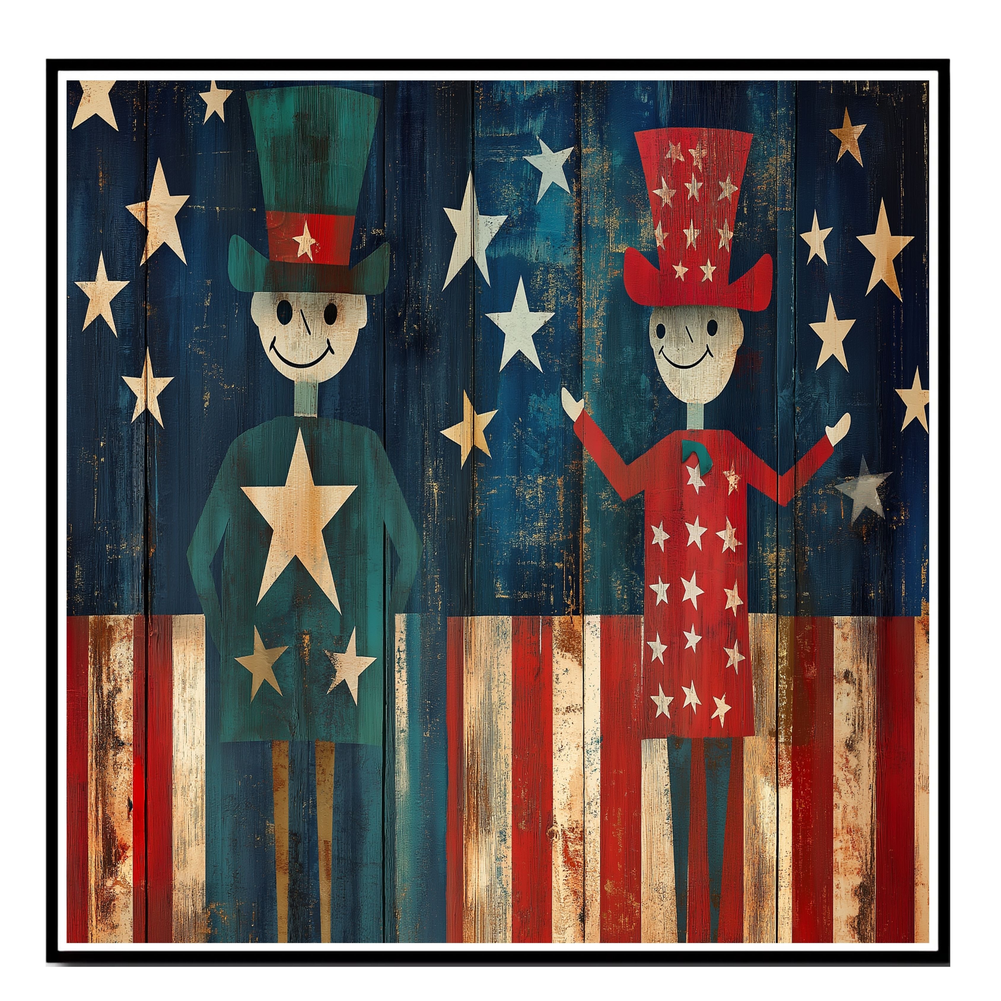 Rustic Folk Art of Patriotic Figures with Stars and Stripes on Weathered Wood Background, Whimsical Americana for Celebrating 4th of July in Vintage Style on Ready to Hang 1.5" Thick Canvas Wrap, Floating Framed Canvas, Flat Rolled Canvas