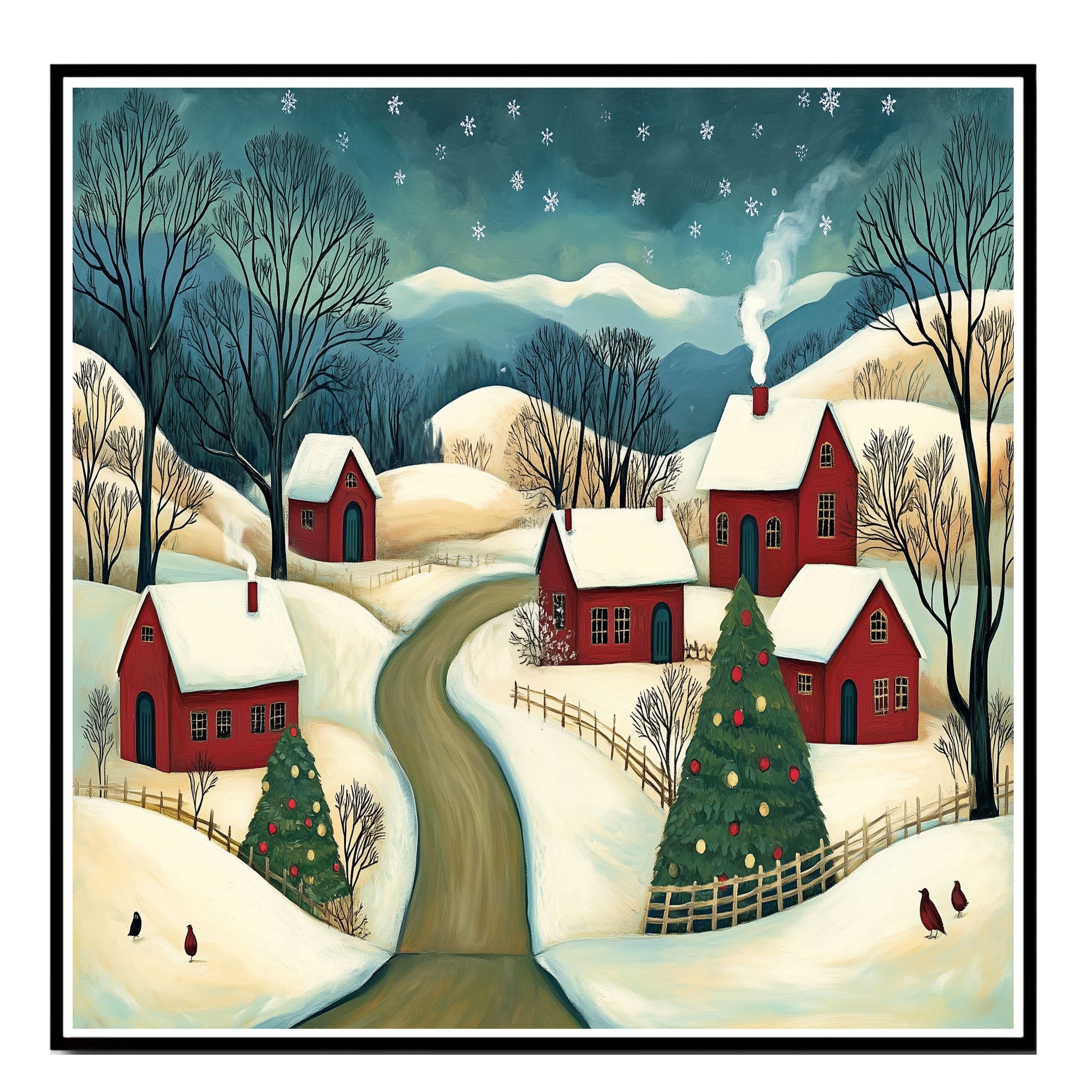 Christmas Folk Art Canvas Wall Art – Snowy Winter Scene with Red Houses, Decorated Tree & Rolling Hills – Rustic Holiday Home Décor Print on Ready to Hang 1.5" Thick Canvas Wrap, Floating Framed Canvas, Flat Rolled Canvas