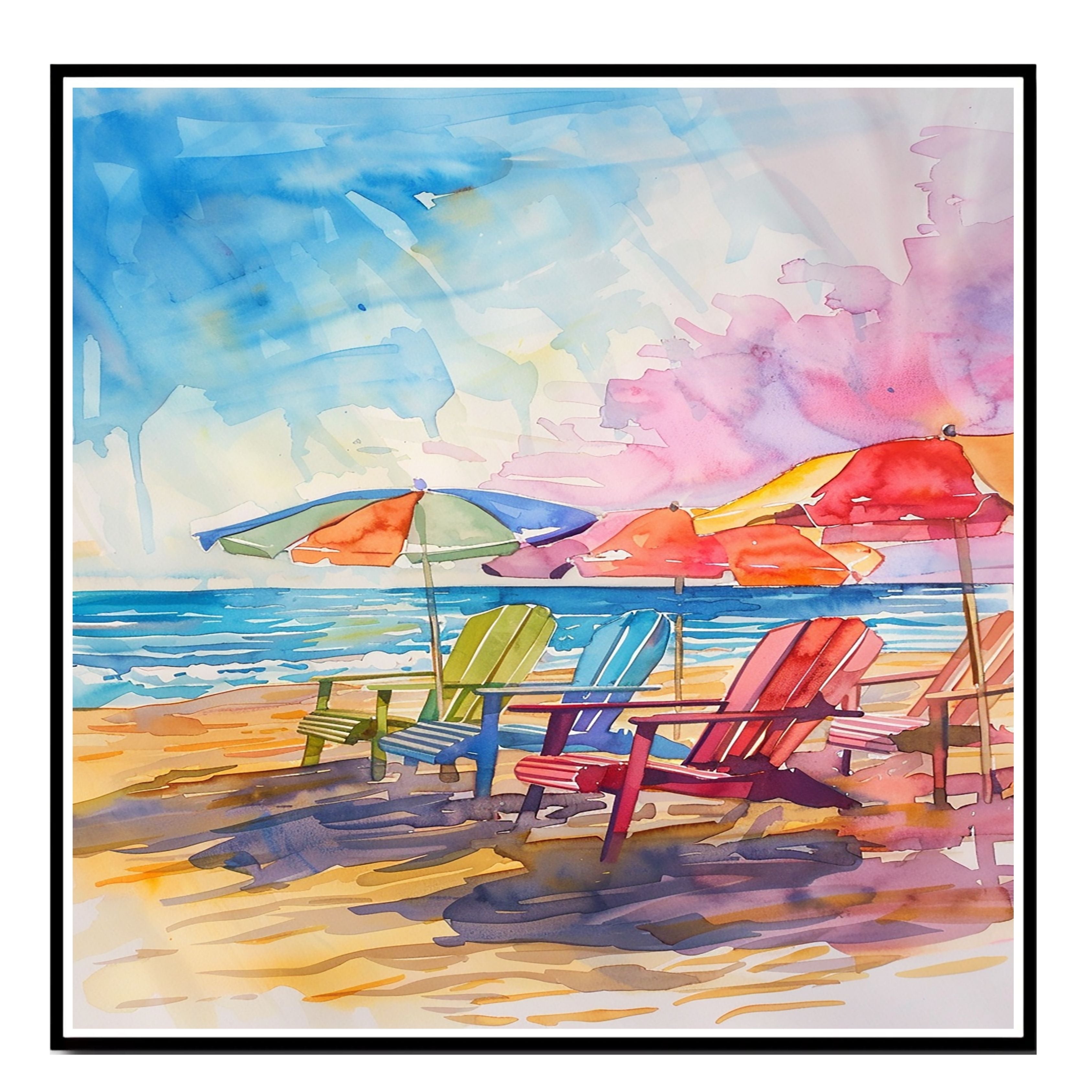 Colorful Watercolor Beach Chairs & Umbrellas Painting – Coastal Ocean Scene on Ready to Hang 1.5" Thick Canvas Wrap, Floating Framed Canvas, Flat Rolled Canvas