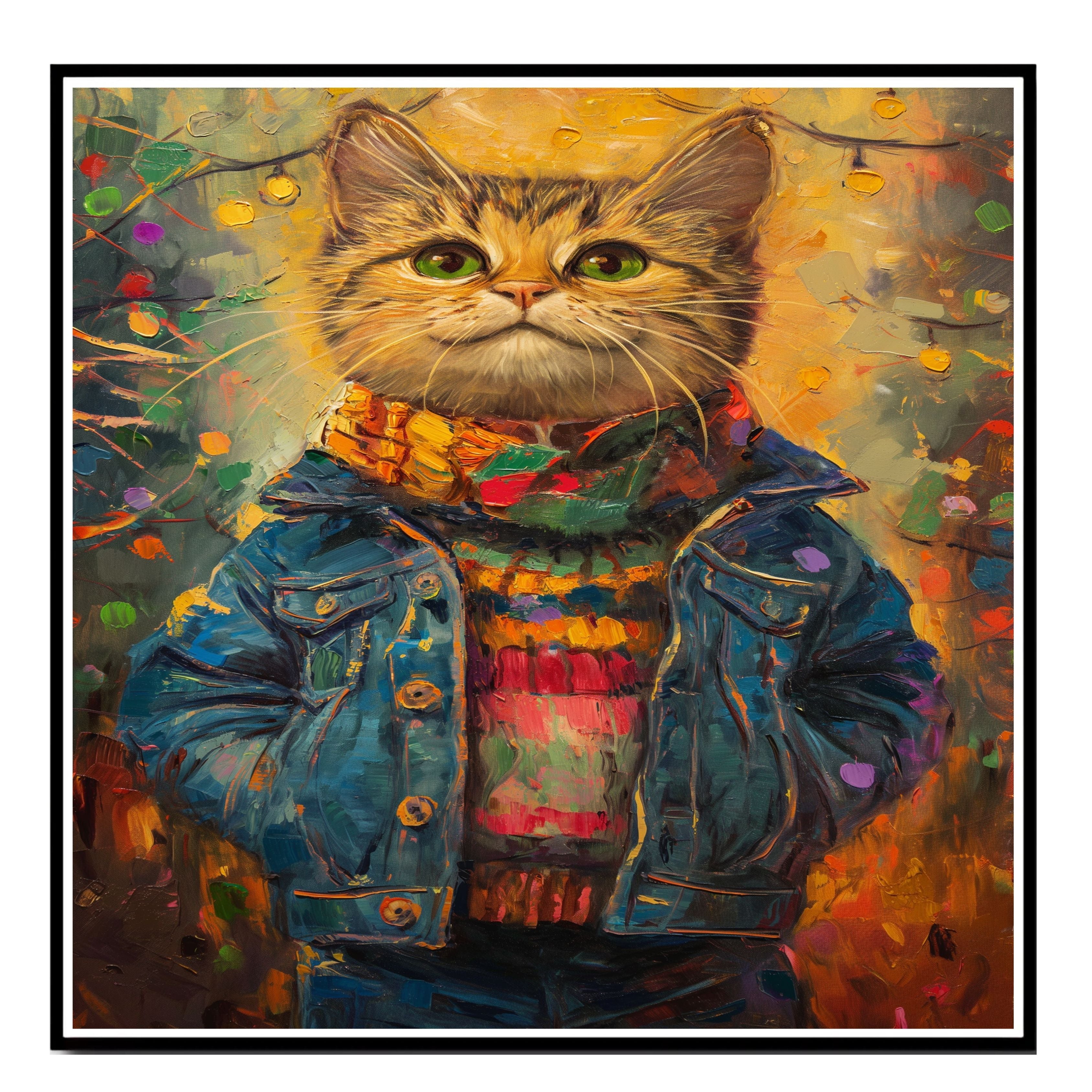 Christmas Kitten in Colorful Jacket and Scarf Adorable Holiday Cat Painting Festive Winter Lights Scene Perfect for Cozy Home Office Seasonal Gift on Ready to Hang 1.5" Thick Canvas Wrap, Floating Framed Canvas, Flat Rolled Canvas