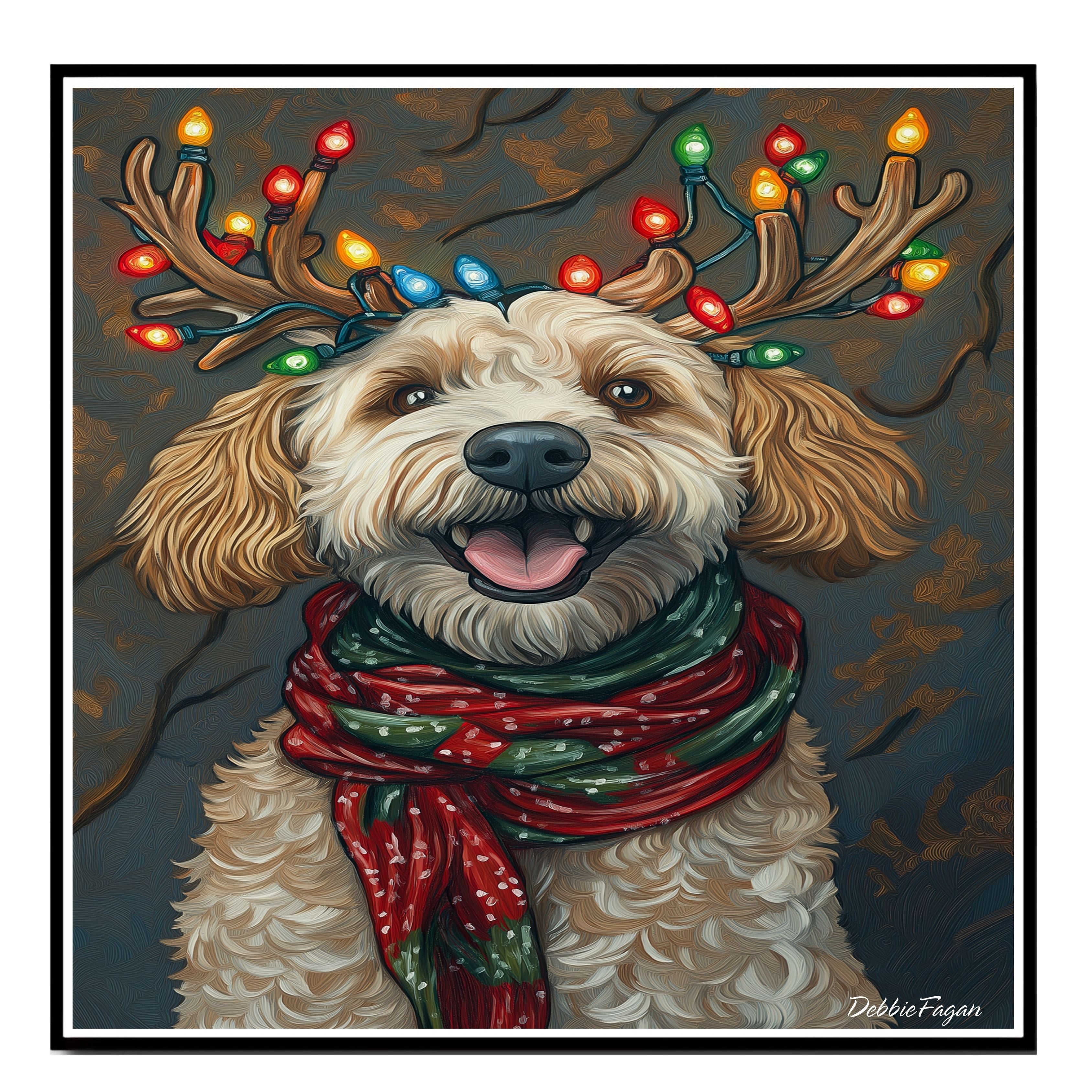 Rustic Merriment' - Bernedoodle Dog with Festive Antlers & Warm Scarf on Rustic Canvas Ready to Hang 1.5" Thick Canvas Wrap, Floating Framed Canvas, Flat Rolled Canvas