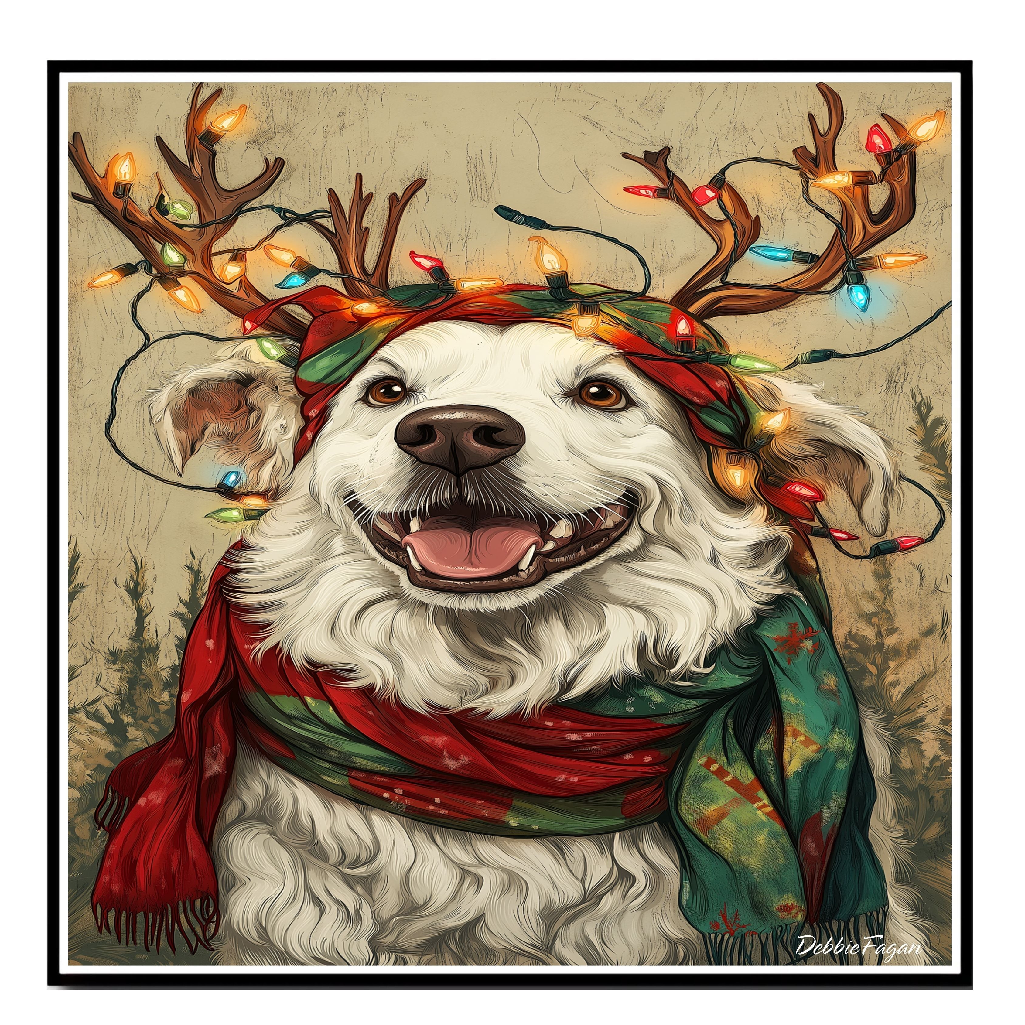 Holiday Joy - 'Winter Wonderland' - Dog with Christmas Lights & Scarf on Rustic Canvas, Ready to Hang 1.5" Thick Canvas Wrap, Floating Framed Canvas, Flat Rolled Canvas